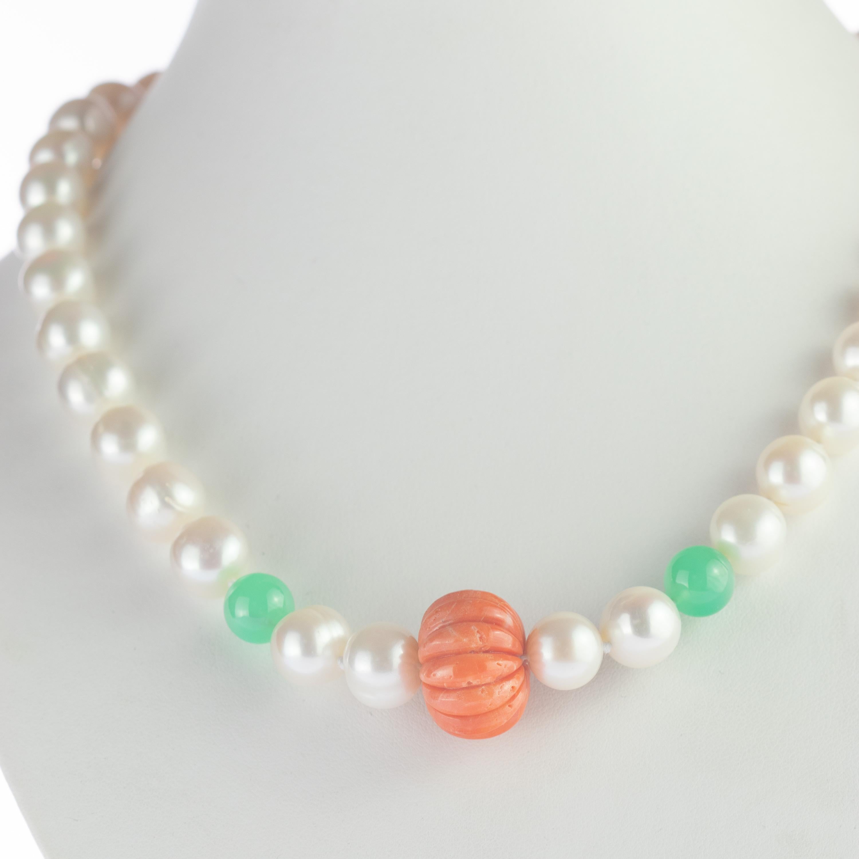 Intini Jewels Freshwater Pearl Coral Chrysoprase Sterling Silver Beaded Necklace For Sale 2