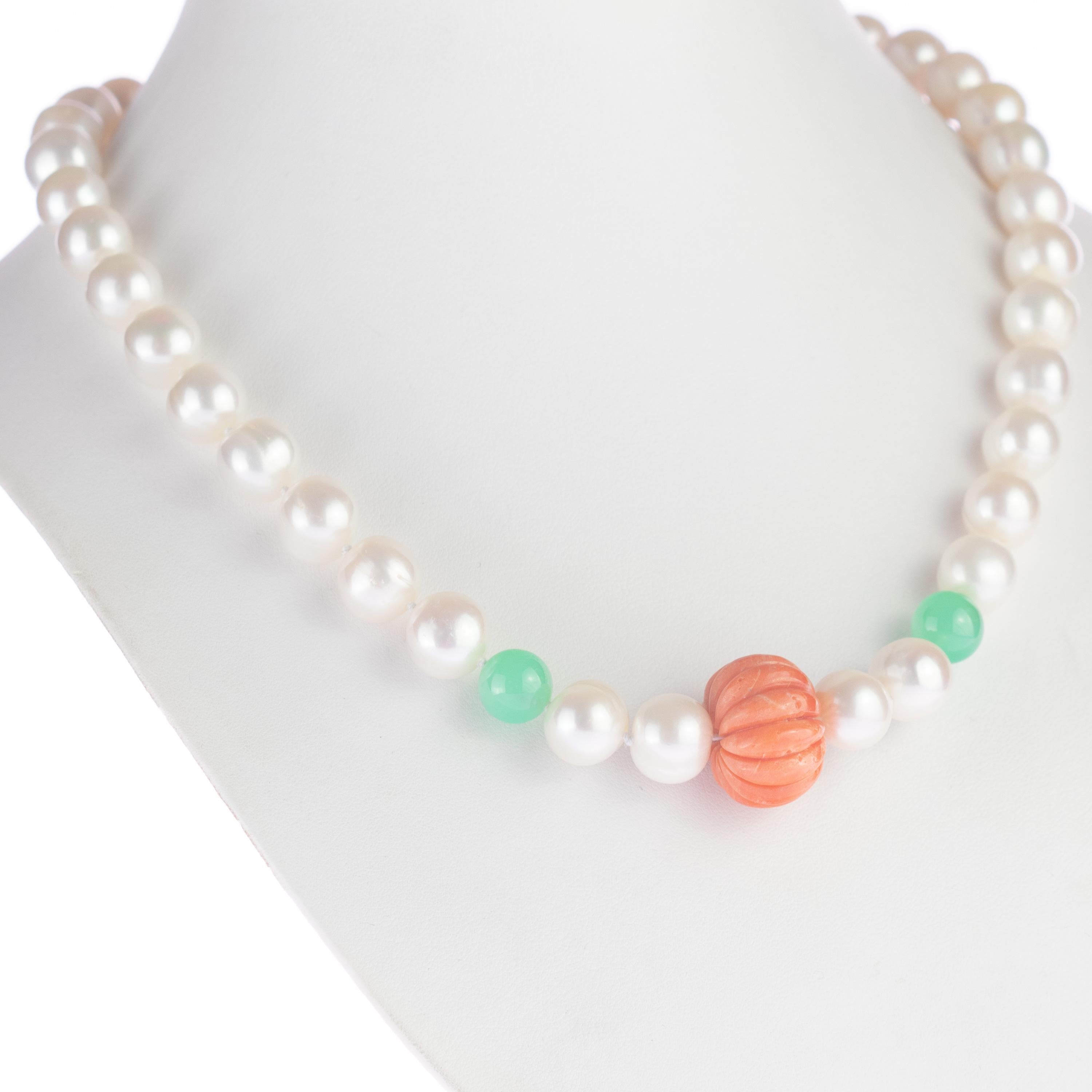 Intini Jewels Freshwater Pearl Coral Chrysoprase Sterling Silver Beaded Necklace For Sale 3