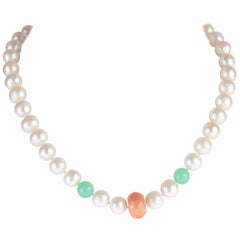 Intini Jewels Freshwater Pearl Coral Chrysoprase Sterling Silver Beaded Necklace