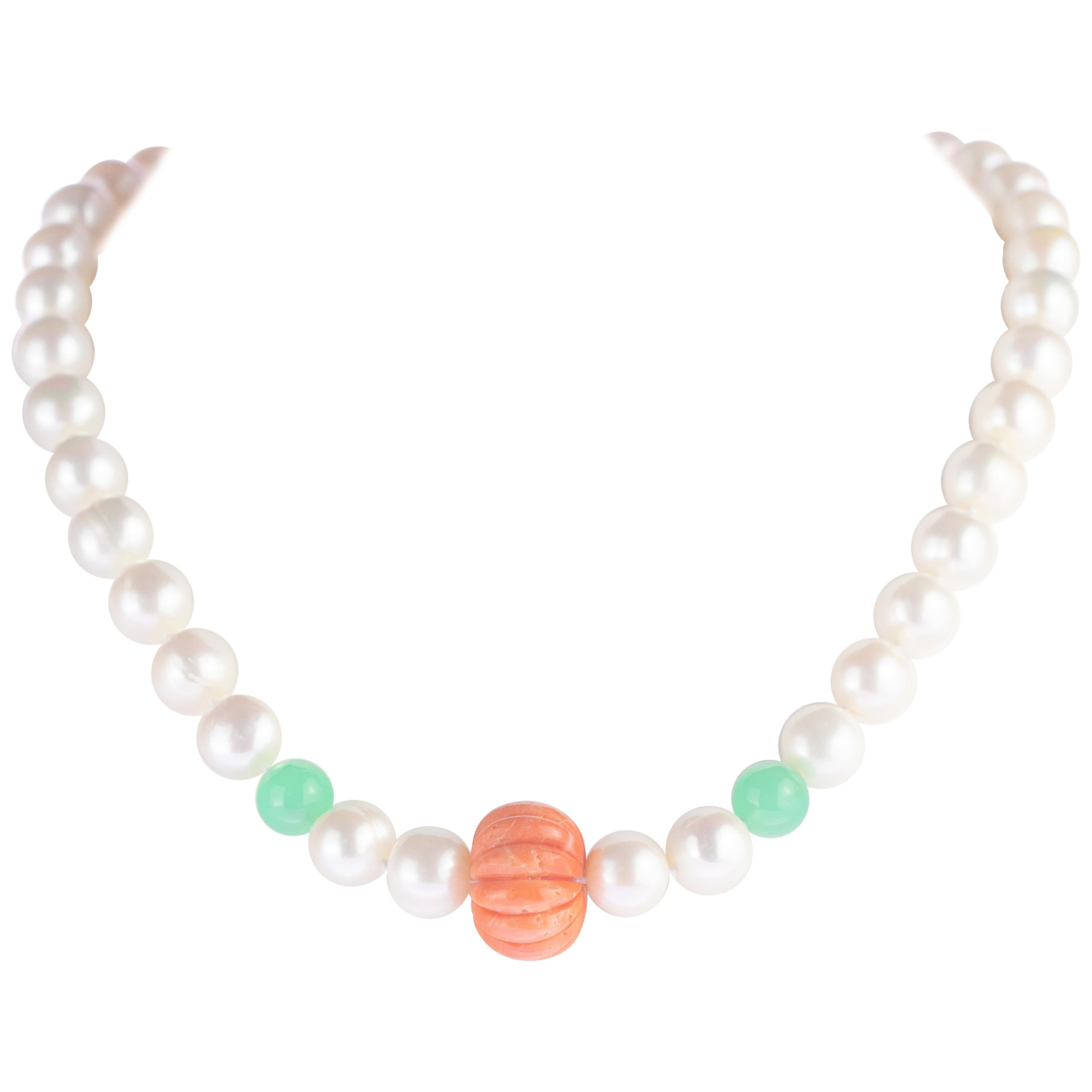 Intini Jewels Freshwater Pearl Coral Chrysoprase Sterling Silver Beaded Necklace For Sale
