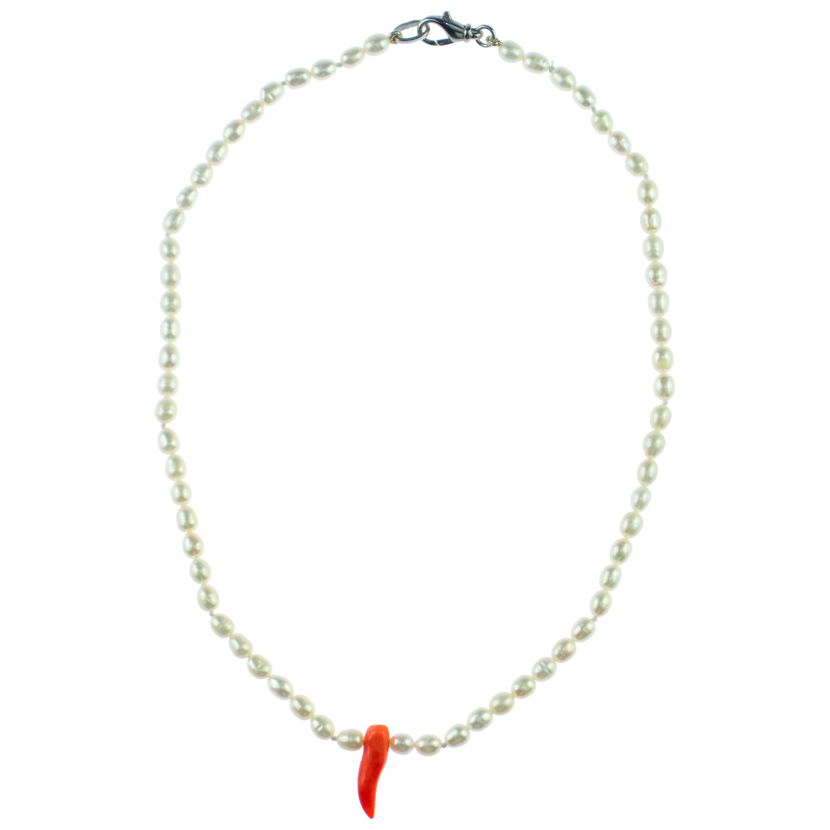 Intini Jewels Freshwater Pearl Coral Sterling Silver Beaded Cocktail Necklace For Sale