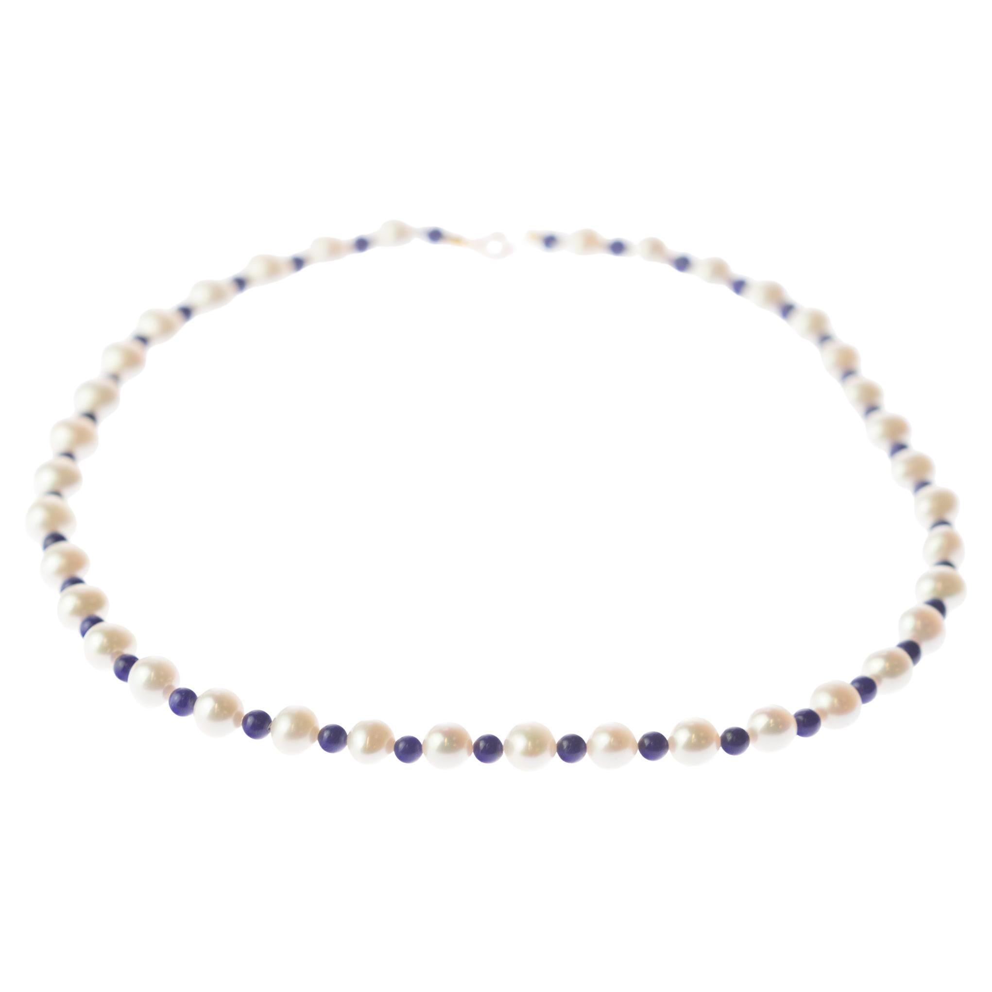 Intini Jewels Freshwater Pearl Lapis Lazuli 18 Karat Gold Cocktail Chic Necklace For Sale