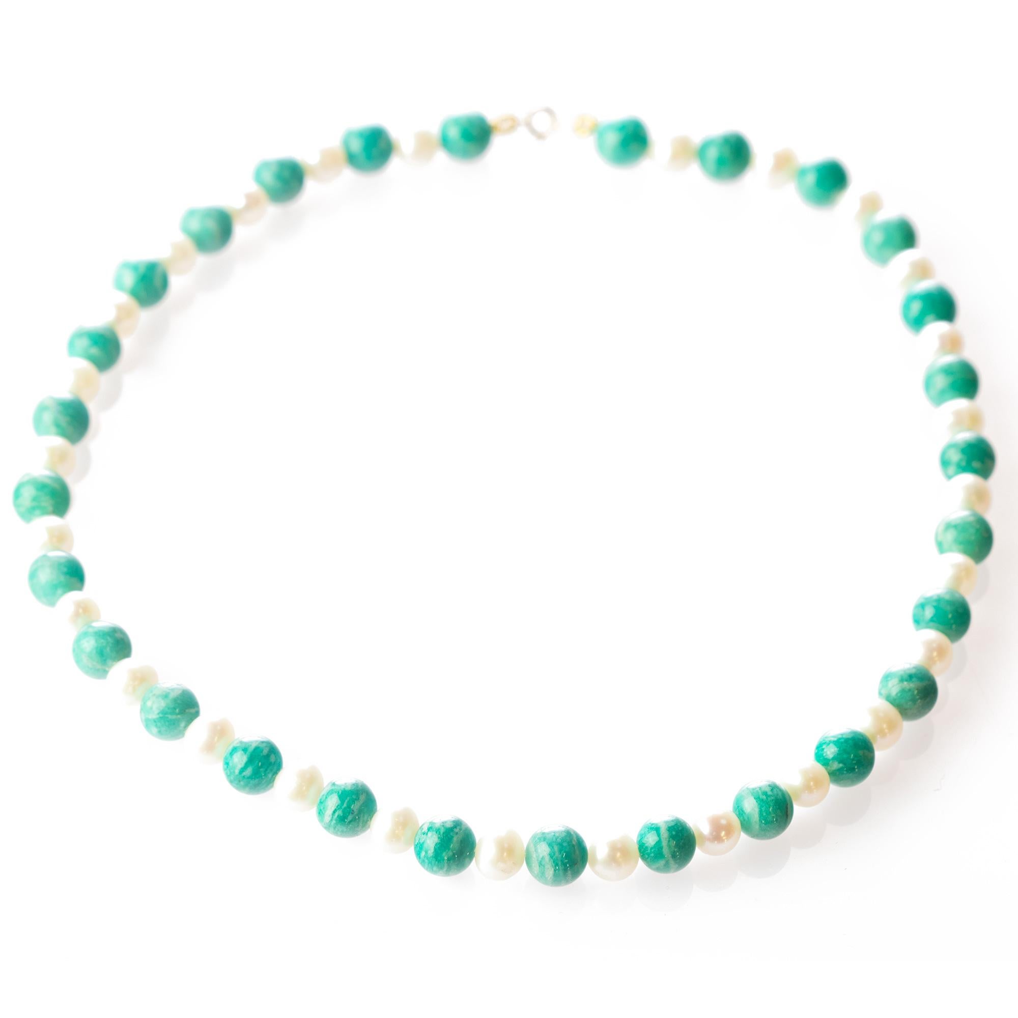 Art nouveau Intini Jewels Collier en or 18 carats avec perles d'eau douce et amazonite naturelle, Intini Jewels en vente