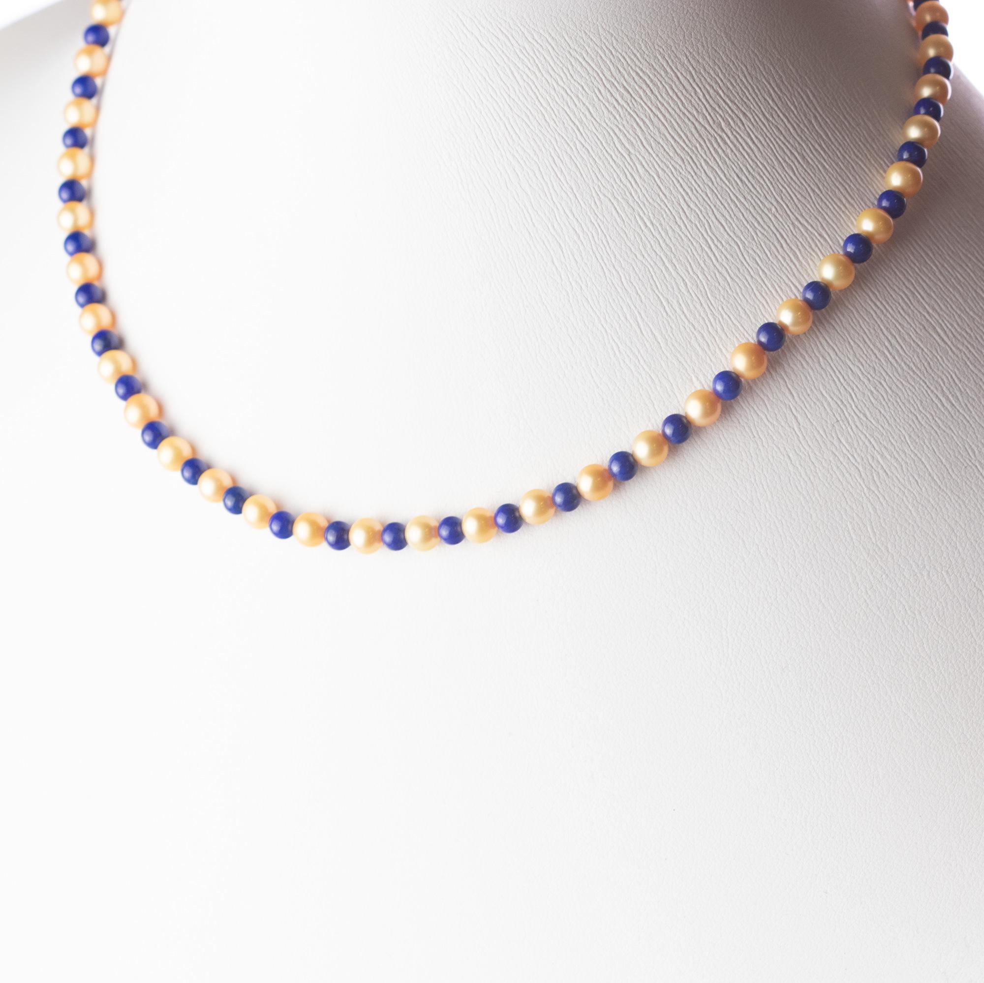 Art Nouveau Intini Jewels Freshwater Pearl Natural Lapis Lazuli 18K Gold Boho Chic Necklace For Sale