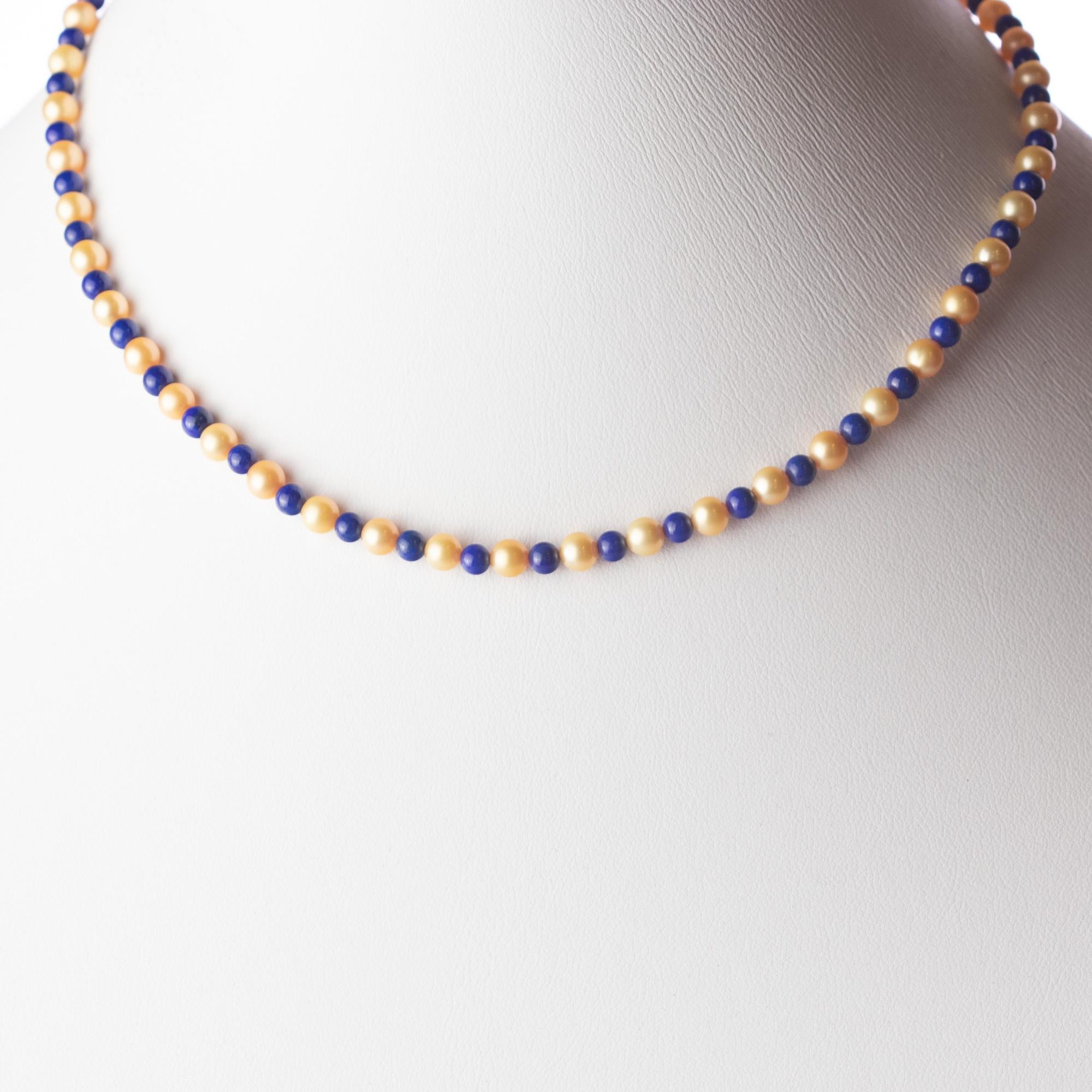 Mixed Cut Intini Jewels Freshwater Pearl Natural Lapis Lazuli 18K Gold Boho Chic Necklace For Sale
