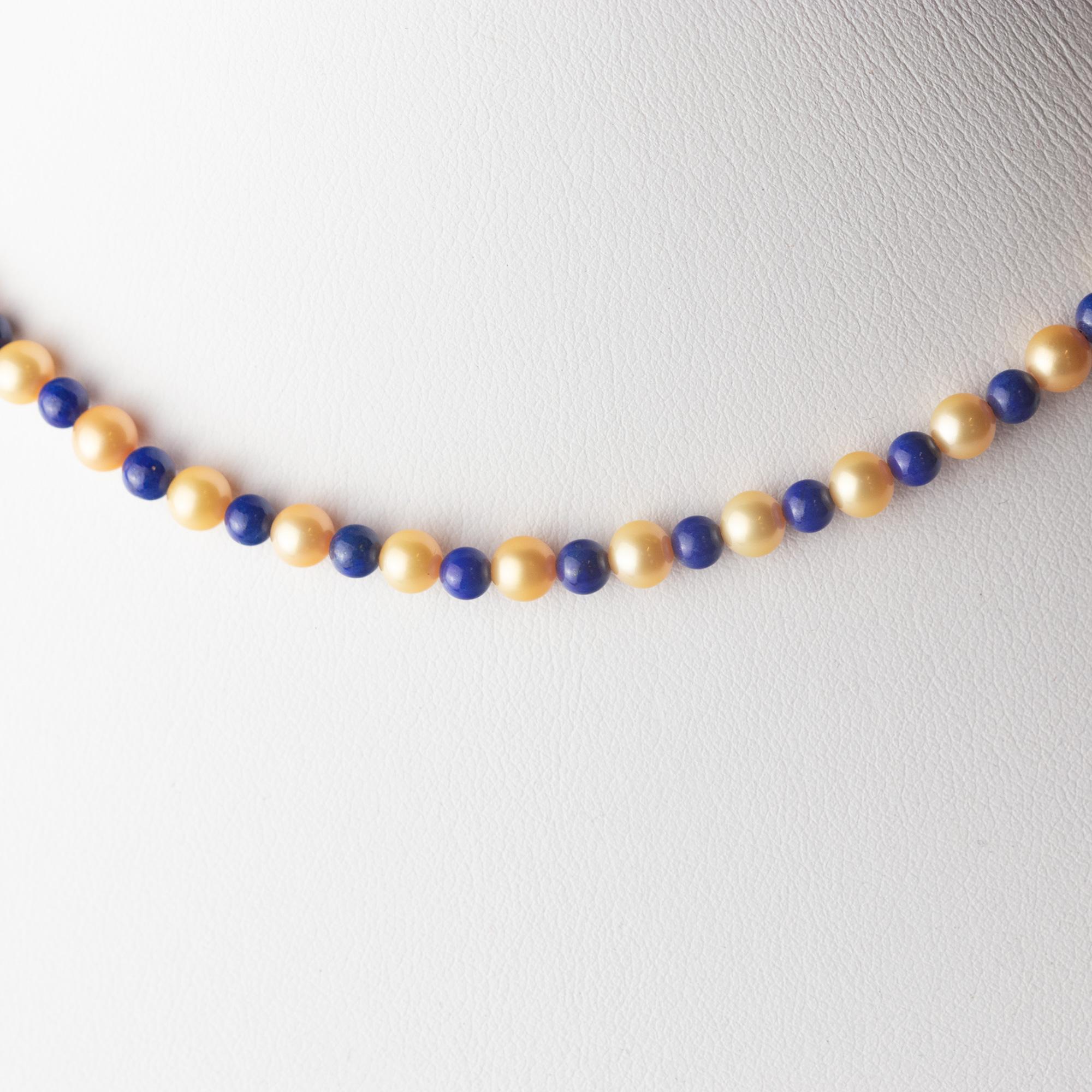Intini Jewels Freshwater Pearl Natural Lapis Lazuli 18K Gold Boho Chic Necklace In New Condition For Sale In Milano, IT