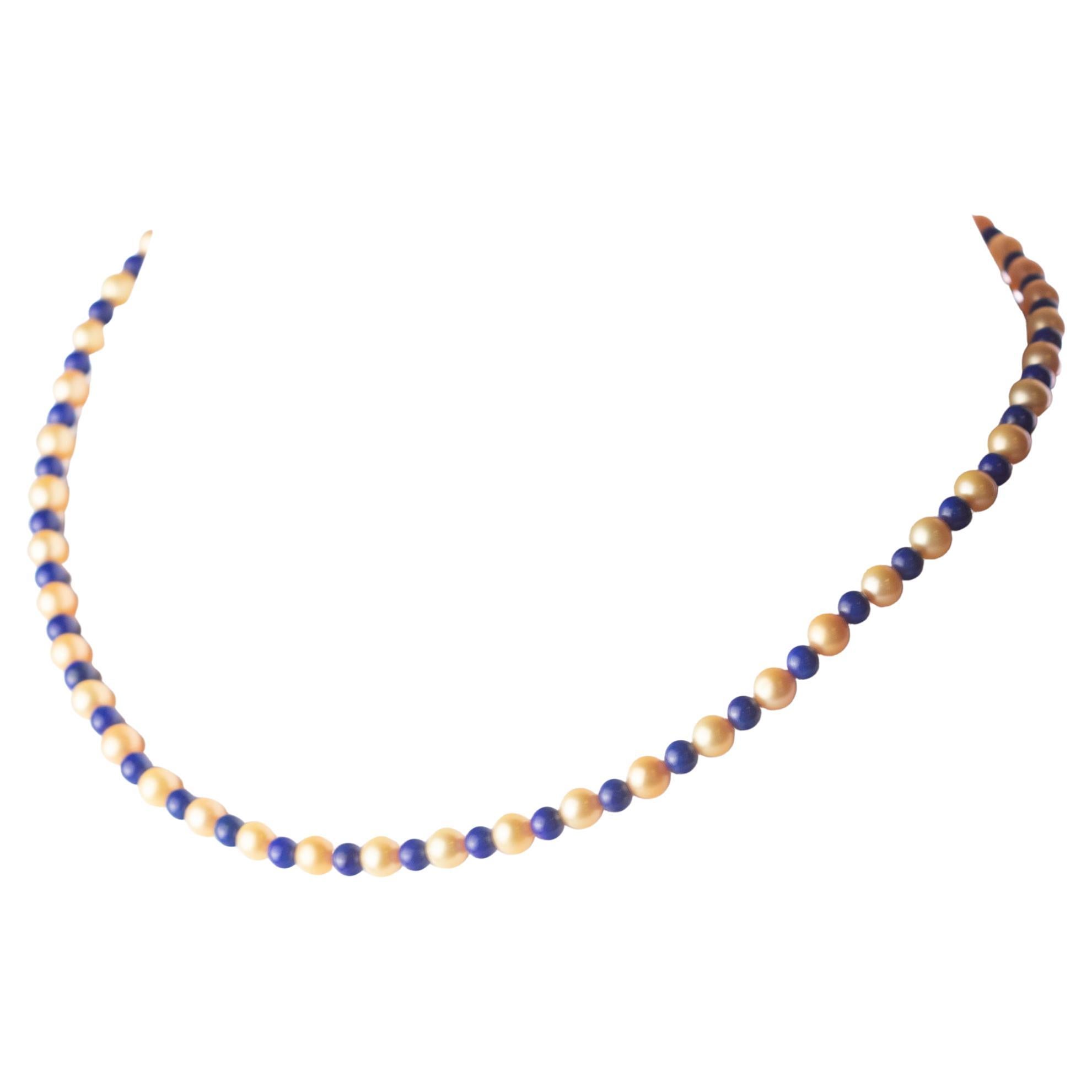 Intini Jewels Freshwater Pearl Natural Lapis Lazuli 18K Gold Boho Chic Necklace For Sale