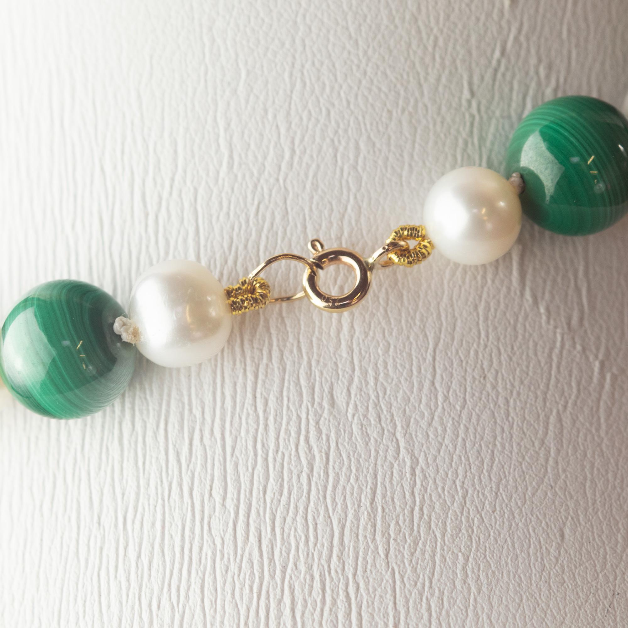 Mixed Cut Intini Jewels Freshwater Pearl Natural Malachite 18K Gold Boho Chic Necklace For Sale