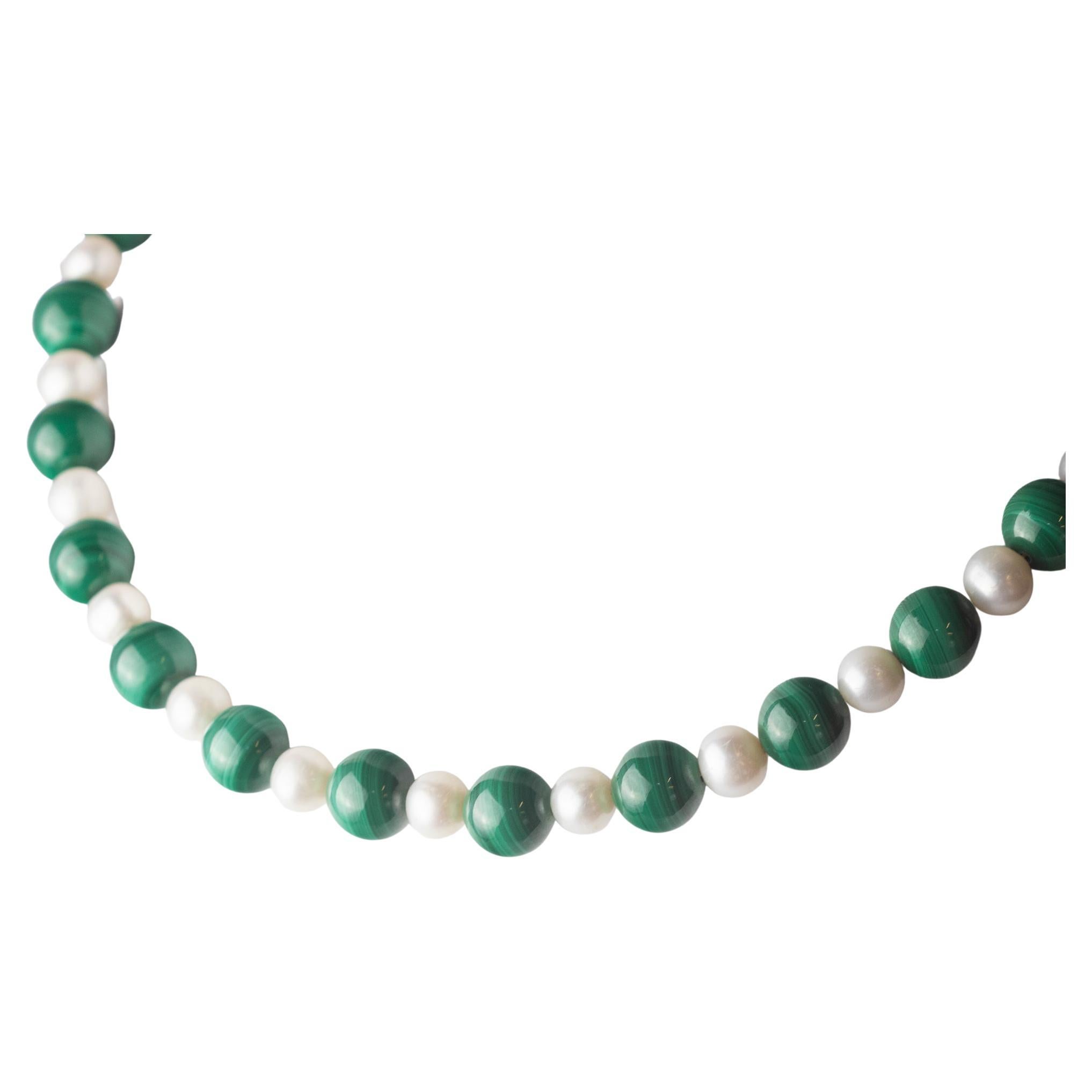 Intini Jewels Freshwater Pearl Natural Malachite 18K Gold Boho Chic Necklace For Sale