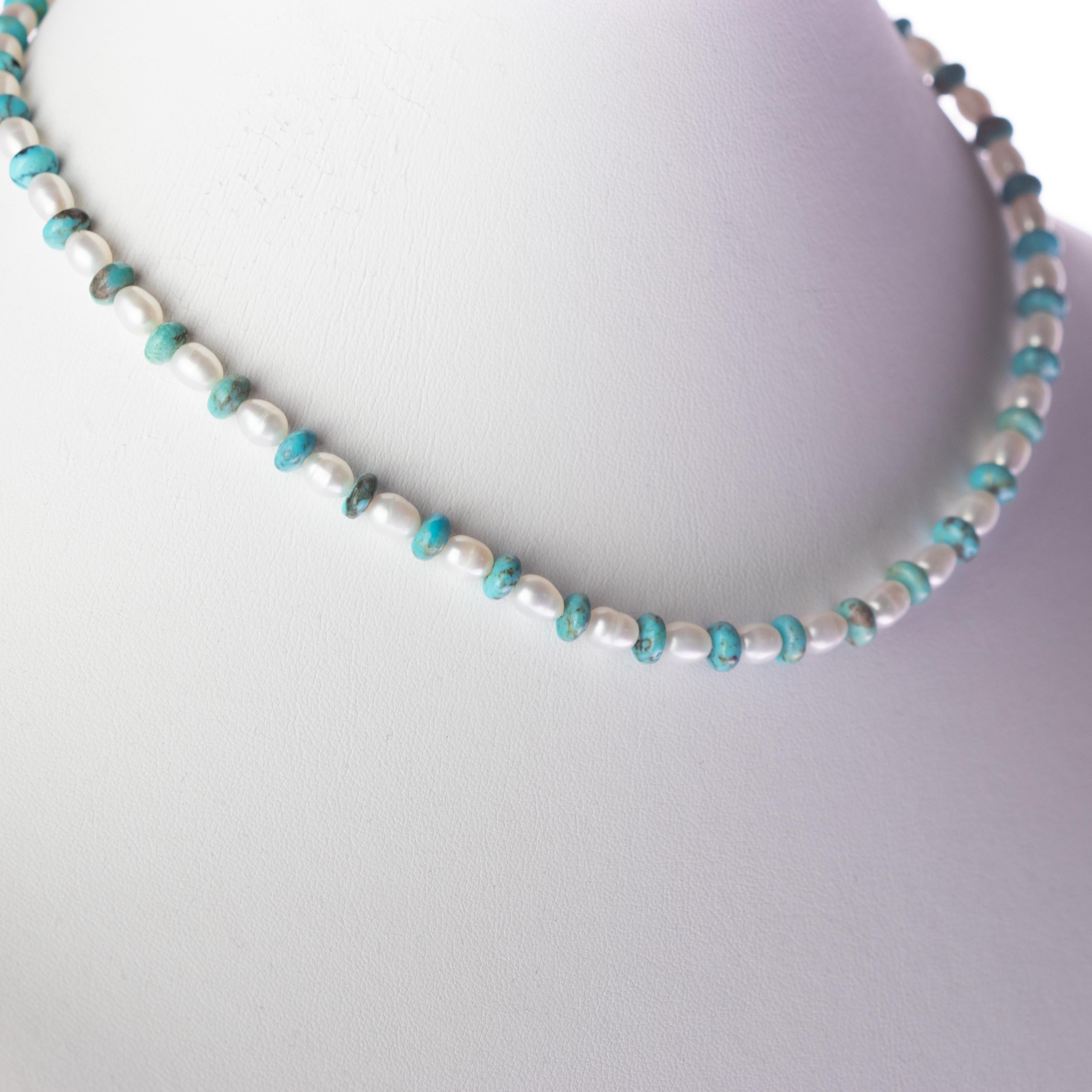 Intini Jewels Collier en or jaune 14 carats avec perles d'eau douce et turquoise naturelle en vente 1