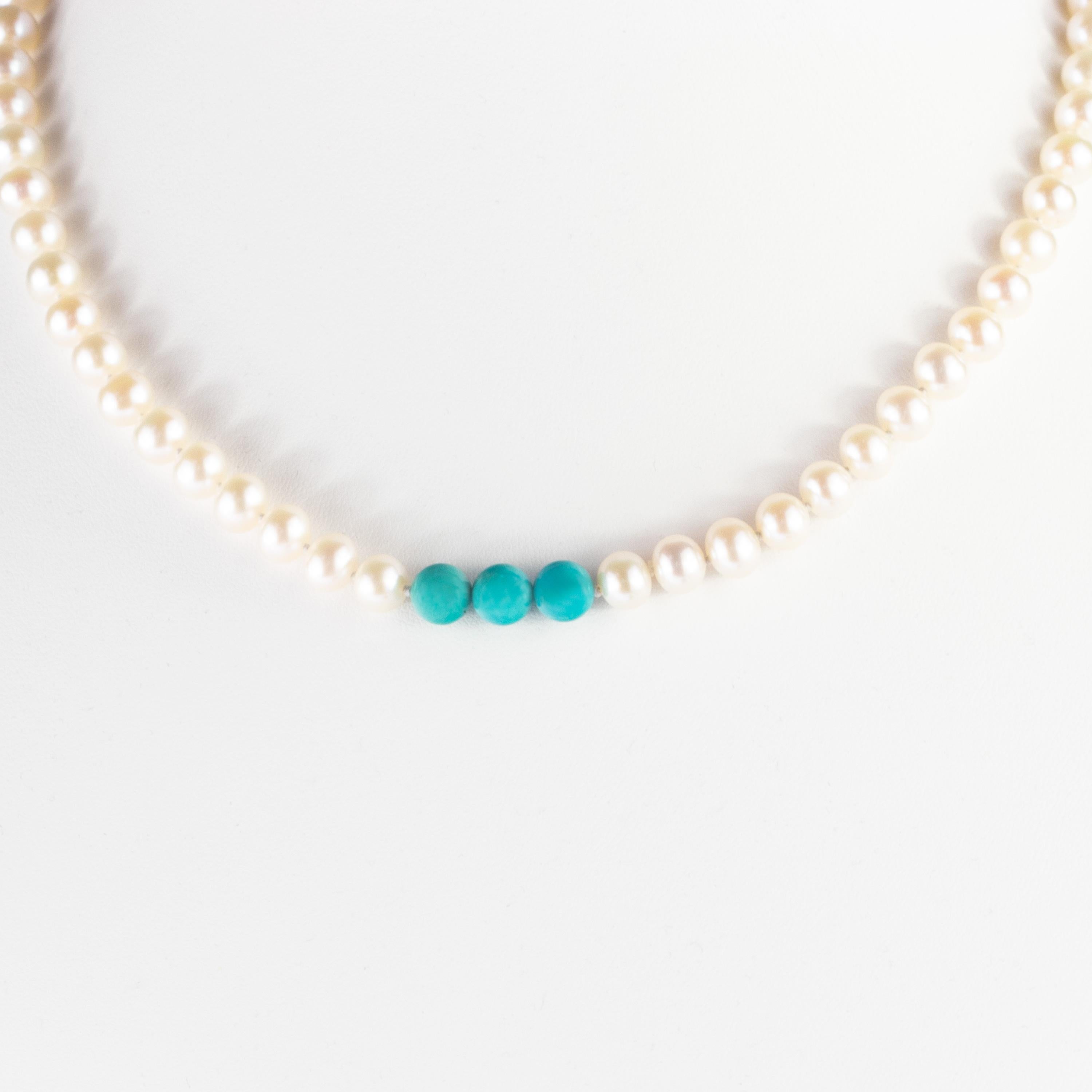 Art nouveau Intini Jewels Collier en or jaune 18 carats avec perles d'eau douce et turquoise naturelle en vente