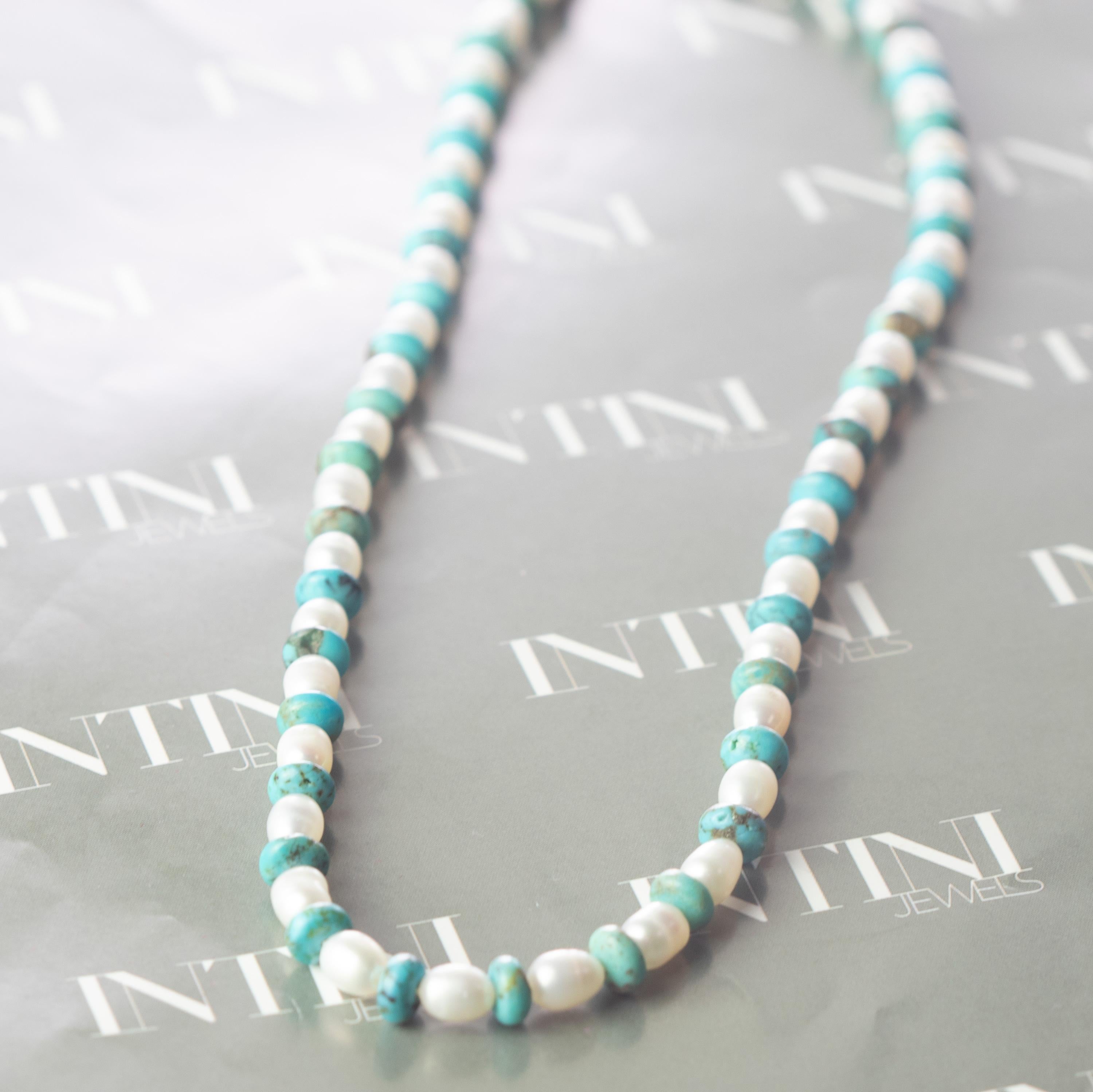 Intini Jewels Collier en or jaune 18 carats avec perles d'eau douce et turquoise naturelle Neuf - En vente à Milano, IT