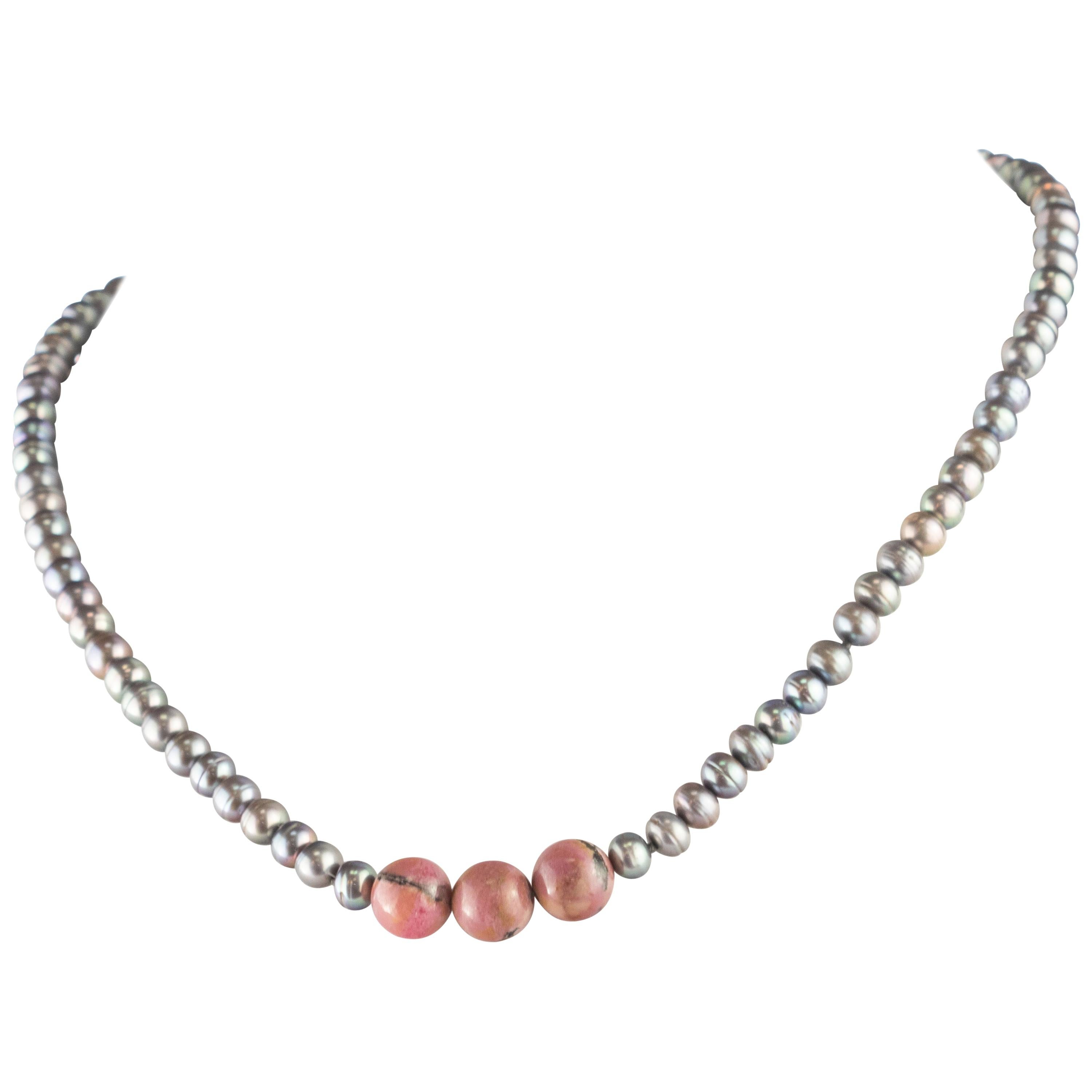 Intini Jewels Freshwater Pearl Rhodonite 18 Karat Yellow Gold Cocktail Necklace For Sale