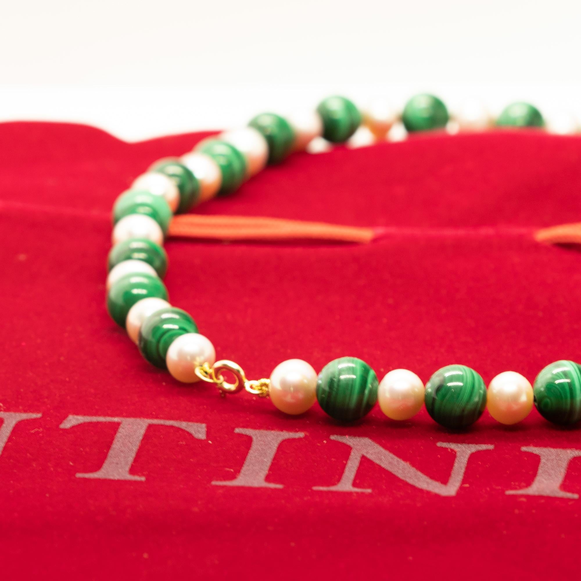 da uomo o donna Intini Jewels - Collana d'acqua dolce con perle rotonde e malachite in oro 18 carati - Boho Chic Deco in vendita