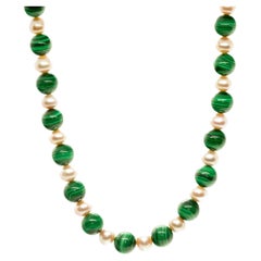 Intini Jewels Freshwater Pearl Round Malachite 18K Gold Boho Chic Deco Necklace