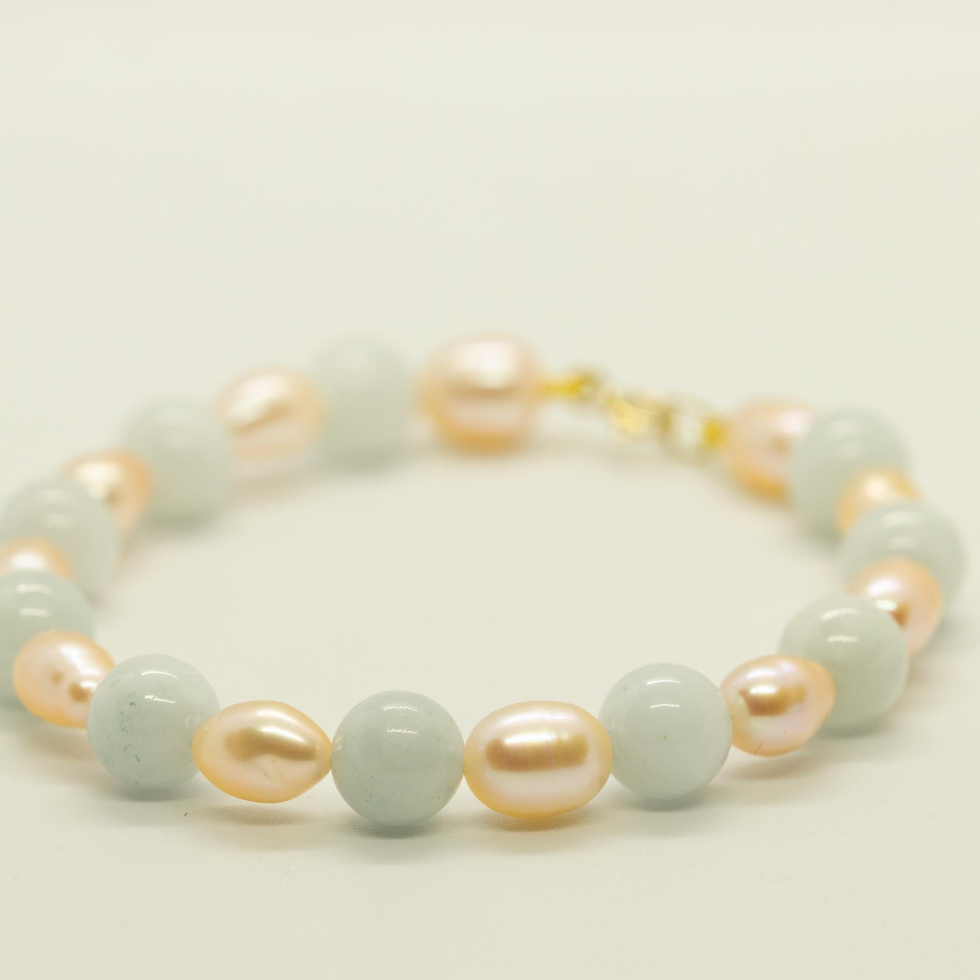 Women's or Men's Intini Jewels Freshwater Pearls Natural Aquamarine Boho Chic Deco Gold Bracelet For Sale