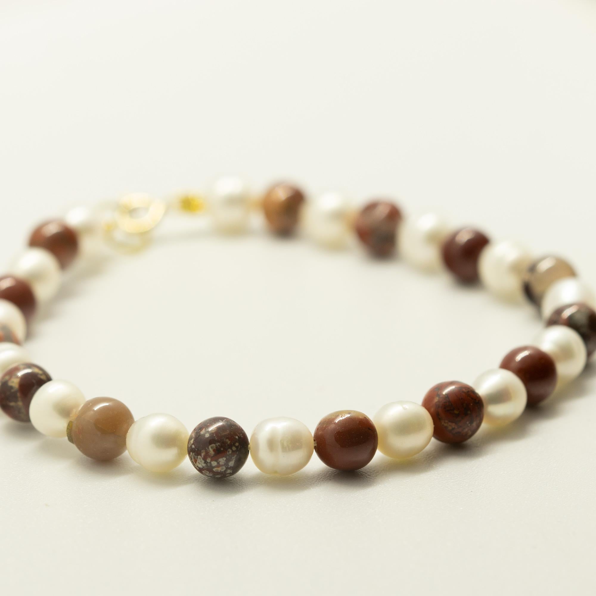 Intini Jewels Perlas de agua dulce Jaspe natural Boho Chic Deco Oro Pulsera de regalo Art Nouveau en venta