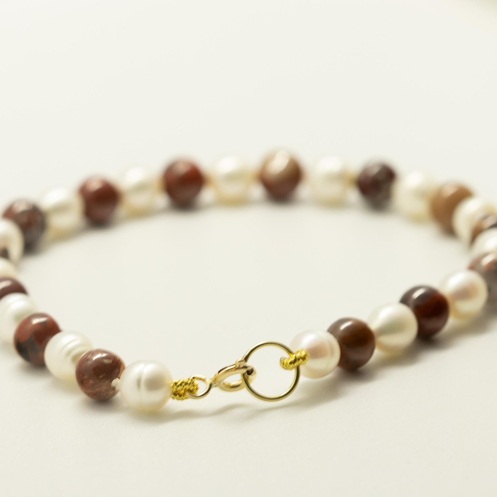 Intini Jewels Perlas de agua dulce Jaspe natural Boho Chic Deco Oro Pulsera de regalo Corte redondo en venta