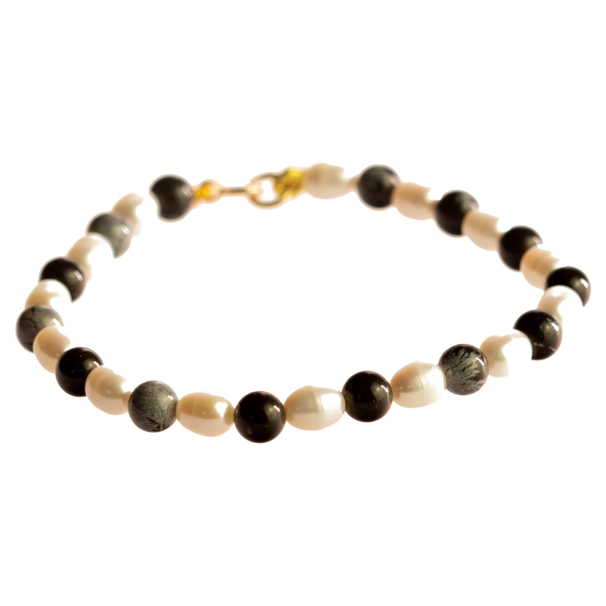 Intini Jewels Bracelet en or style Boho Chic déco avec perles d
eau douce et flocons de neige Obsidian