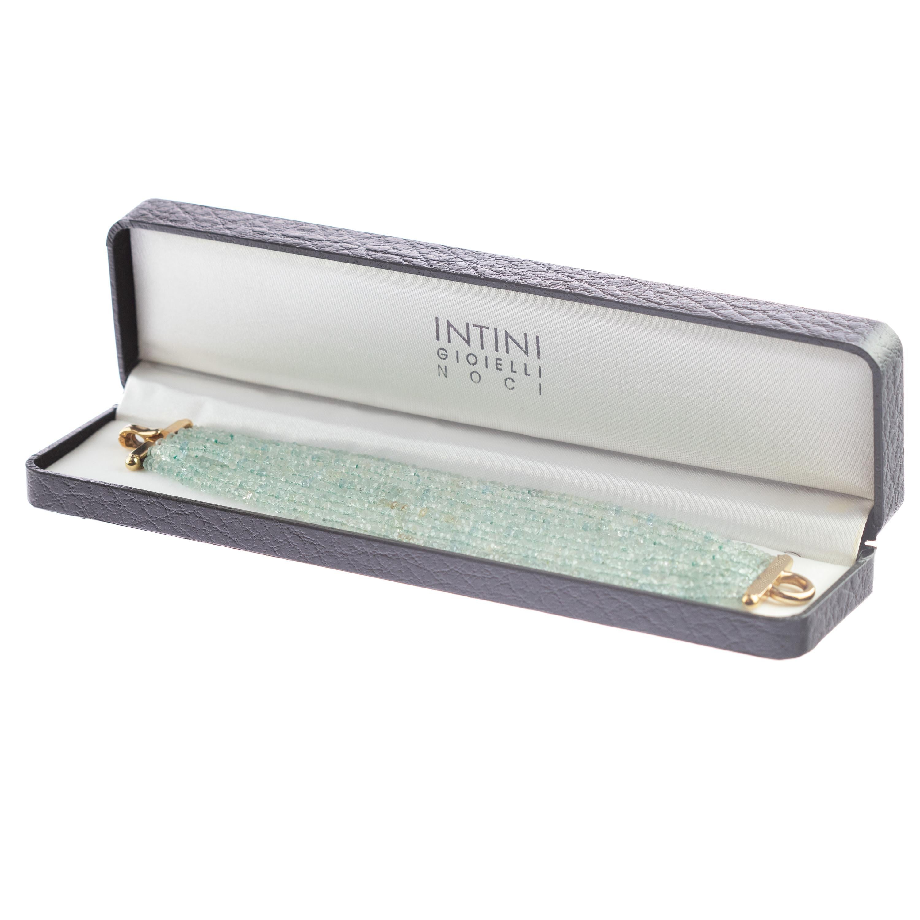 Round Cut Intini Jewels 18 Karat Gold Aquamarine Rondelle Woven Clamper Beaded Bracelet For Sale