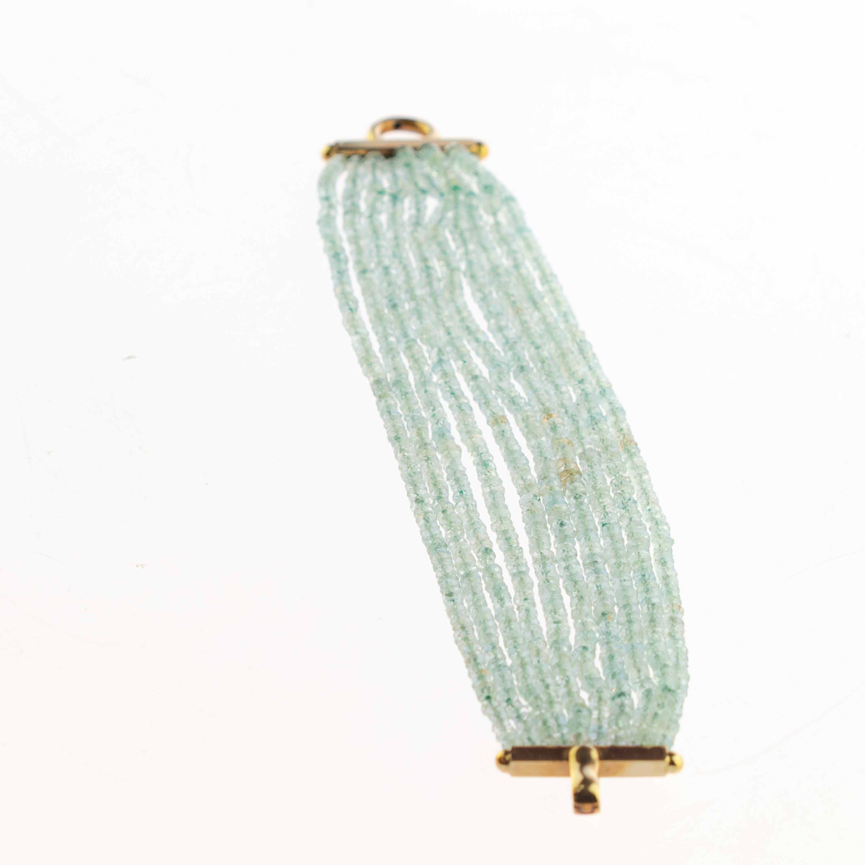 Women's Intini Jewels 18 Karat Gold Aquamarine Rondelle Woven Clamper Beaded Bracelet For Sale