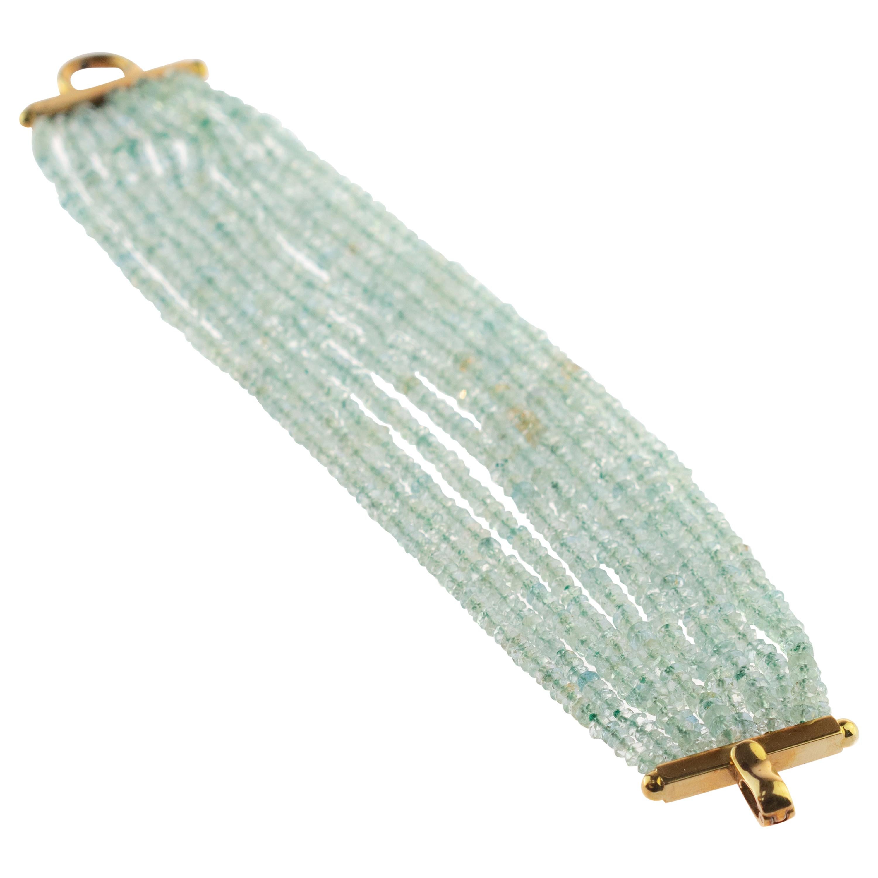 Intini Jewels 18 Karat Gold Aquamarine Rondelle Woven Clamper Beaded Bracelet For Sale