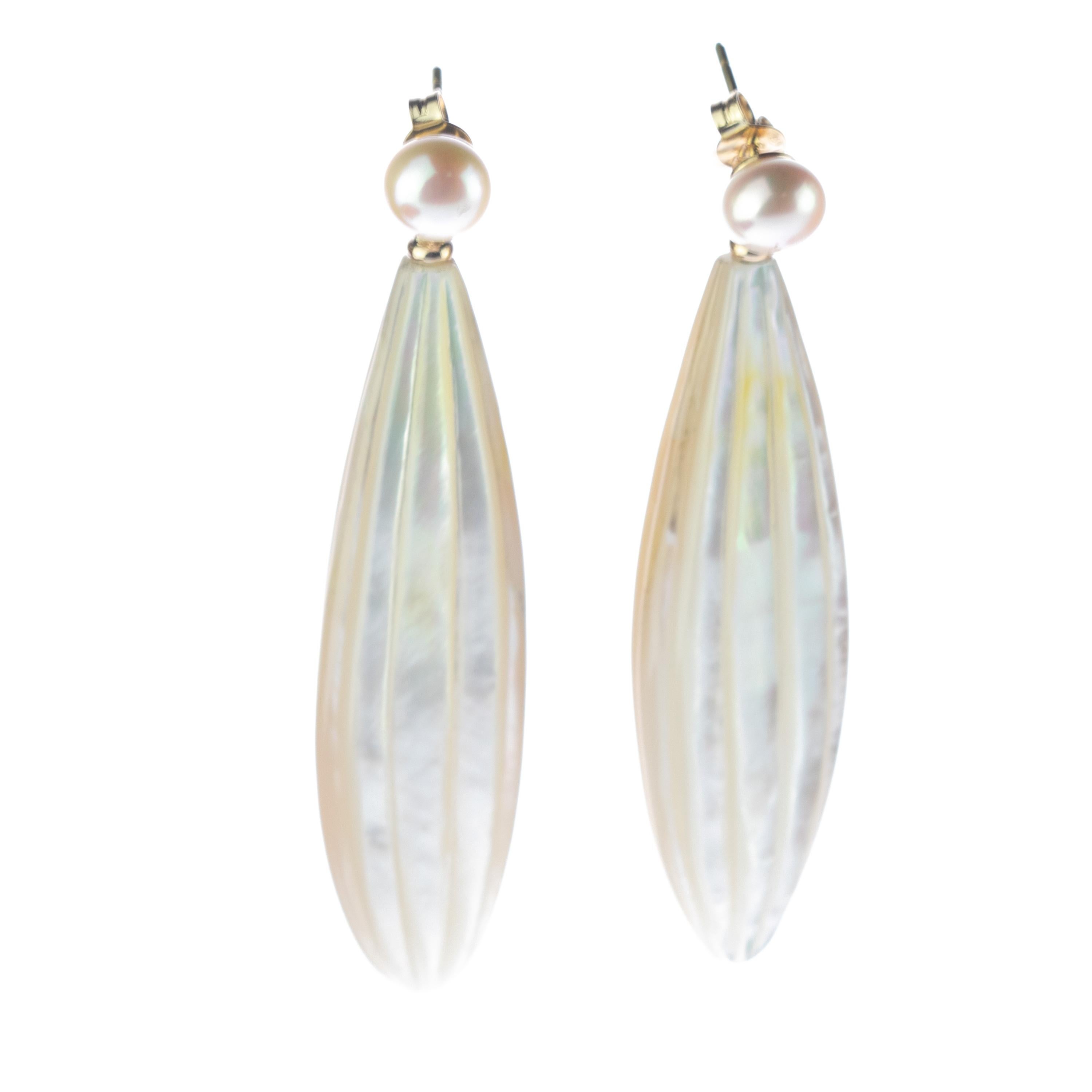 Mixed Cut Intini Jewels Gold Carved Mother Pearl Freshwater Pearl Drops Dangle Earrings For Sale