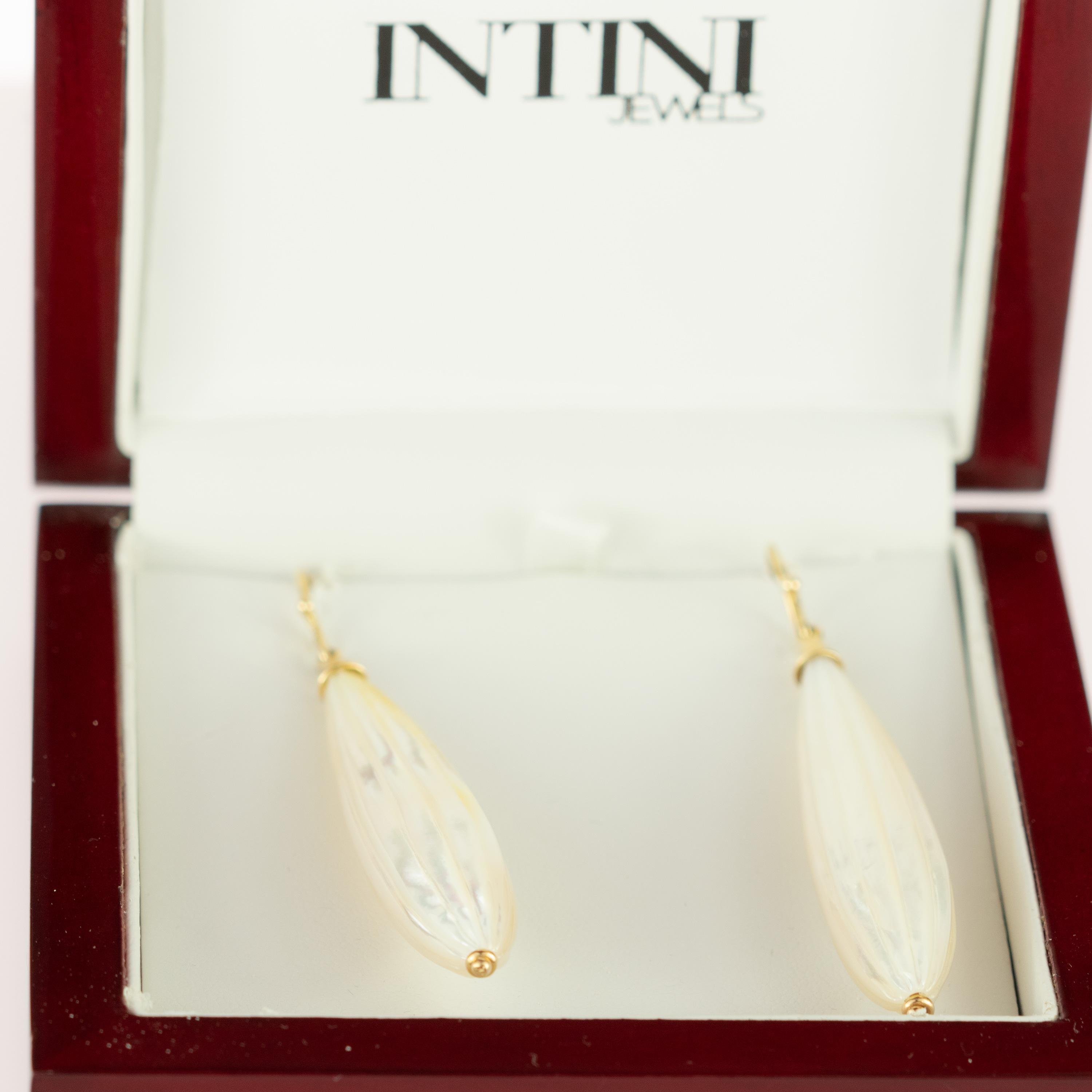 Empire Intini Jewels Gold Carved Mother Pearl Natural Color Tear Drops Dangle Earrings For Sale