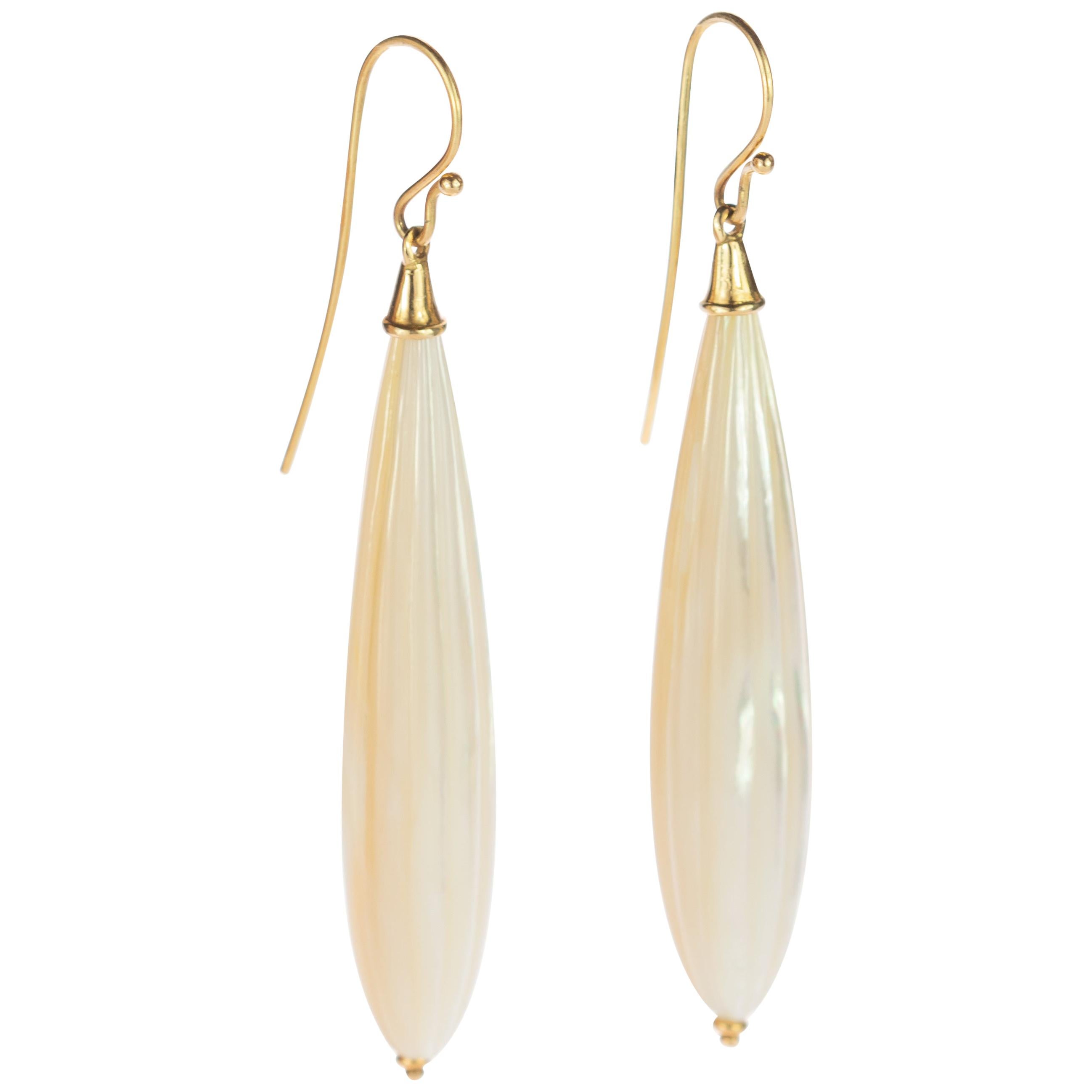 Intini Jewels Gold Carved Mother Pearl Natural Color Tear Drops Dangle Earrings For Sale