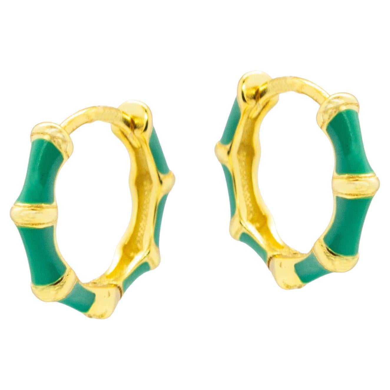 Intini Jewels Gold Plated Round Green Enamel Jewelry Cocktail Hoop Earrings For Sale