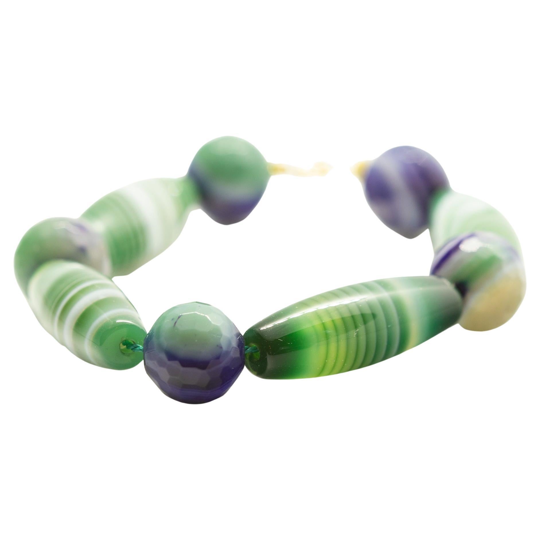 Intini Jewels Green Agate Purple Tubes 18k Yellow Gold Boho Chic Unisex Bracelet For Sale