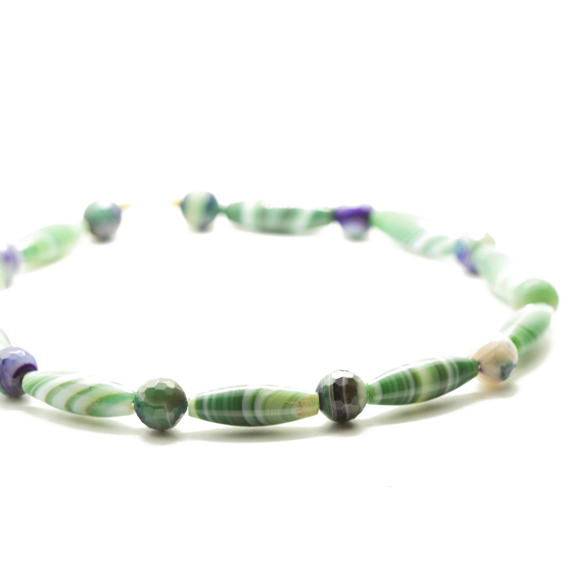 Intini Jewels Green Agate Purple Tubes 18k Yellow Gold Boho Chic Unisex Necklace For Sale 1