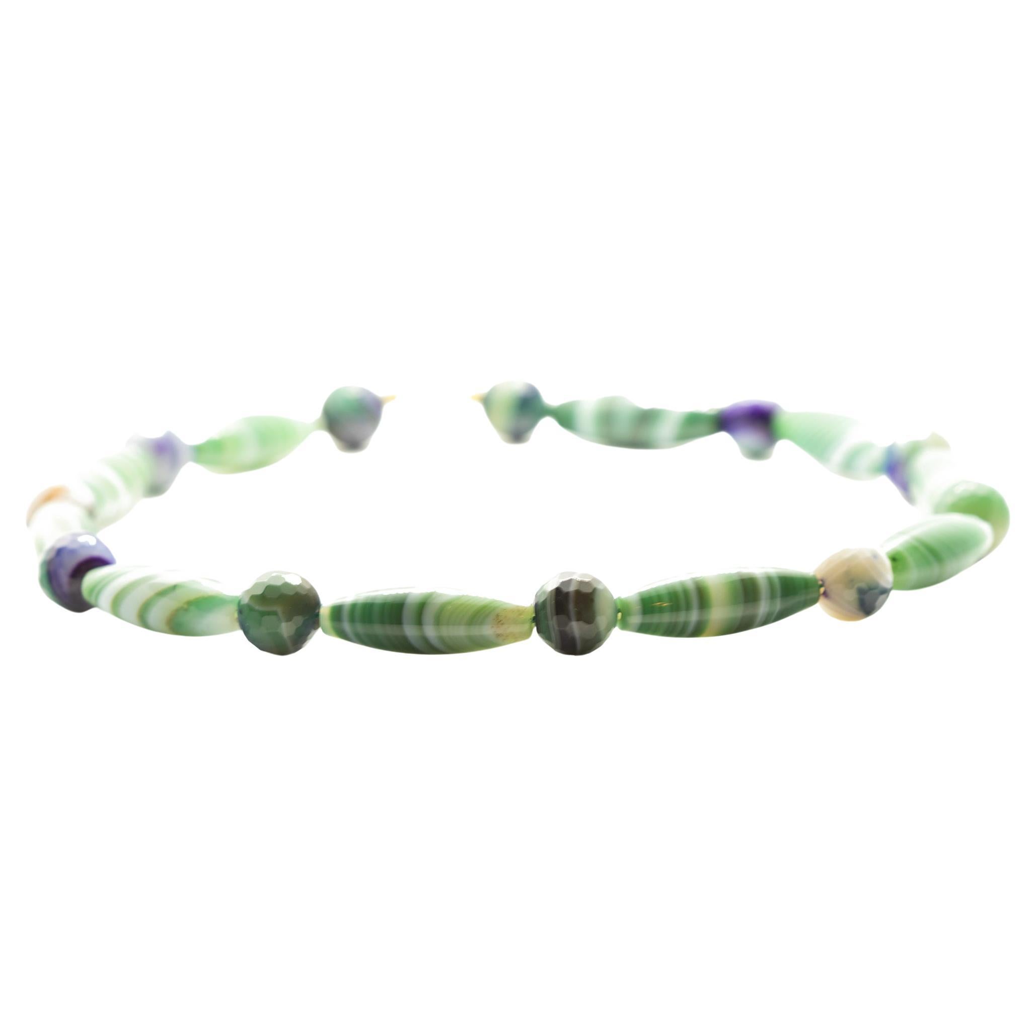 Intini Jewels Green Agate Purple Tubes 18k Yellow Gold Boho Chic Unisex Necklace For Sale