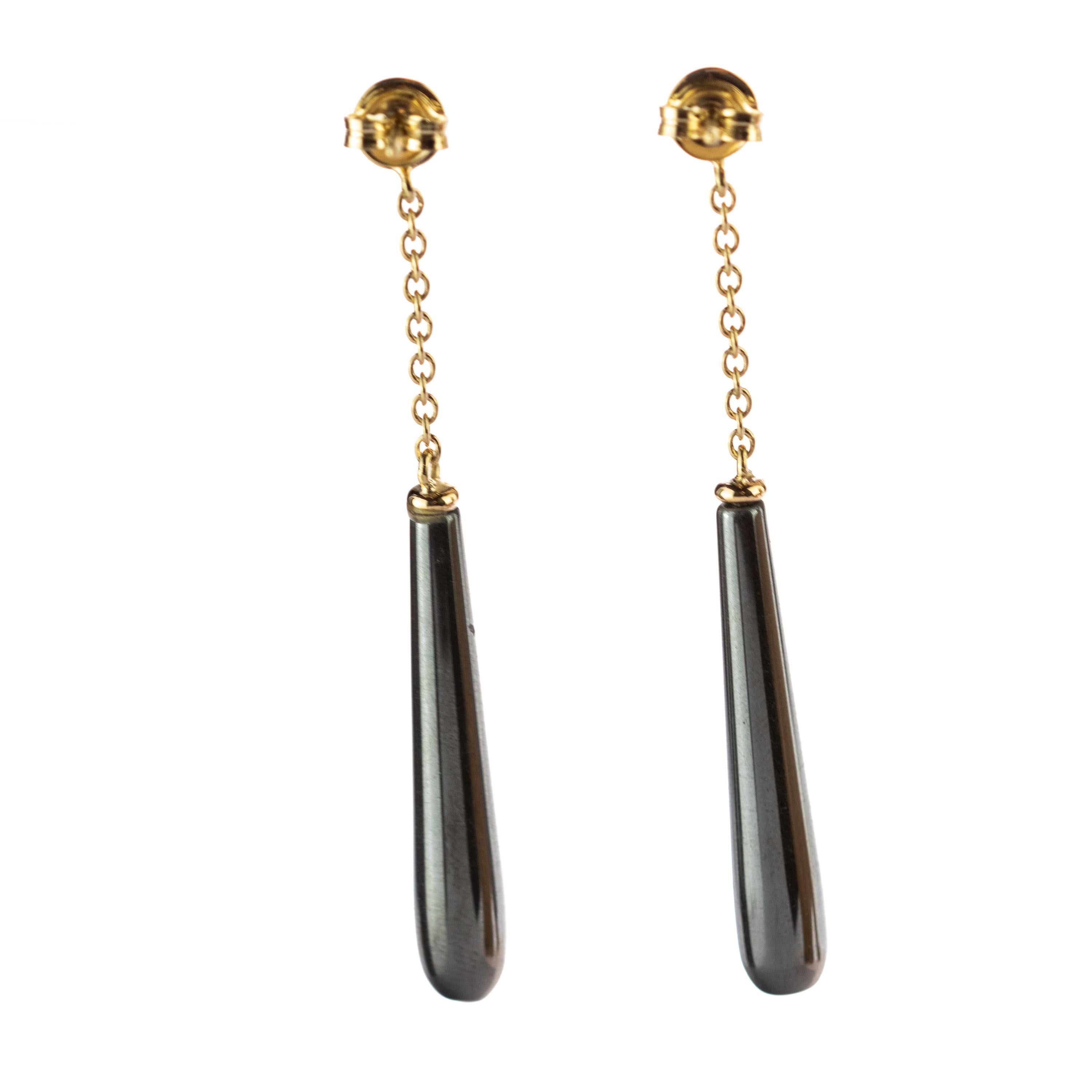 Intini Jewels Grey Hematite Tear 18 Karat Yellow Gold Bold Chain Drop Earrings For Sale 4