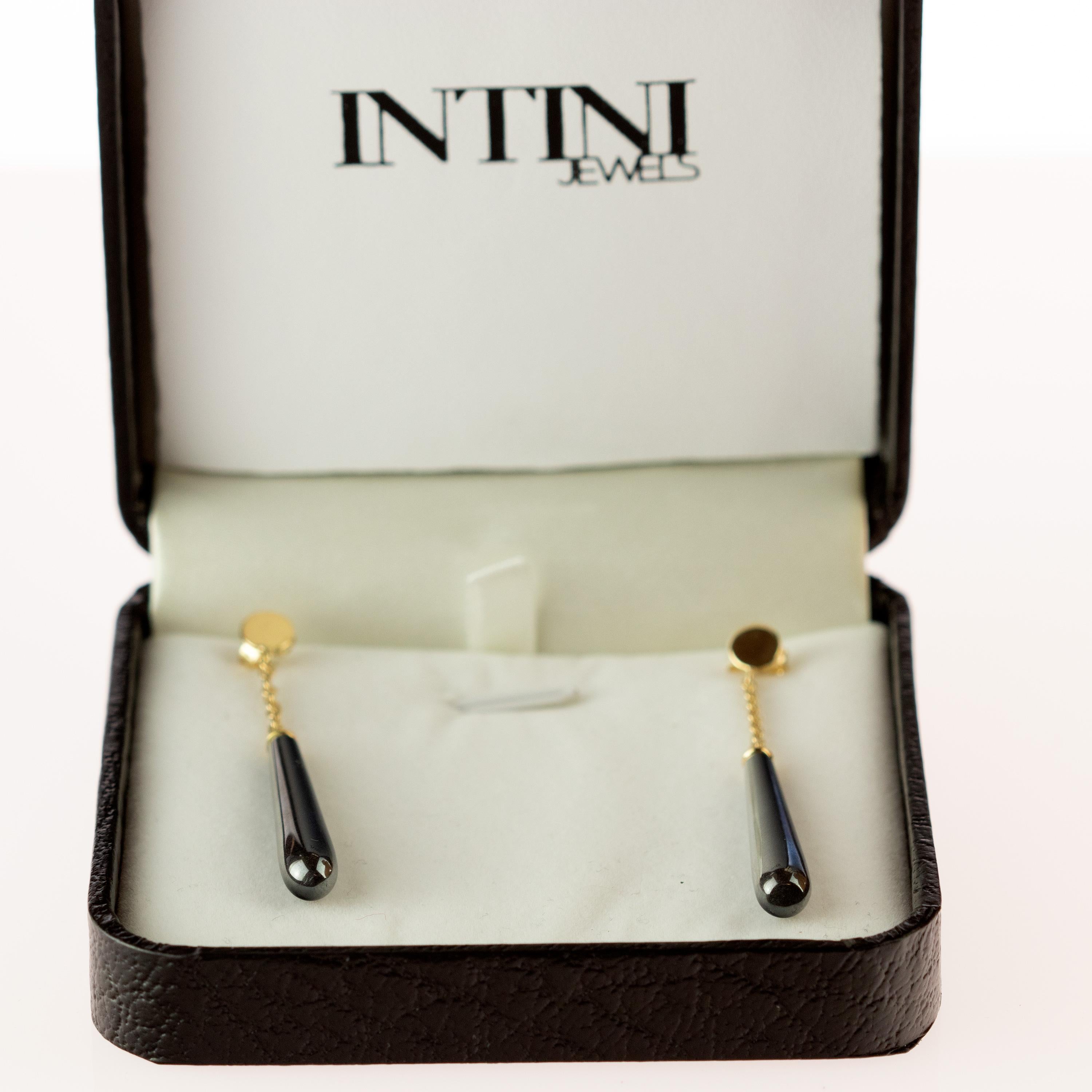 Intini Jewels Grey Hematite Tear 18 Karat Yellow Gold Bold Chain Drop Earrings For Sale 6