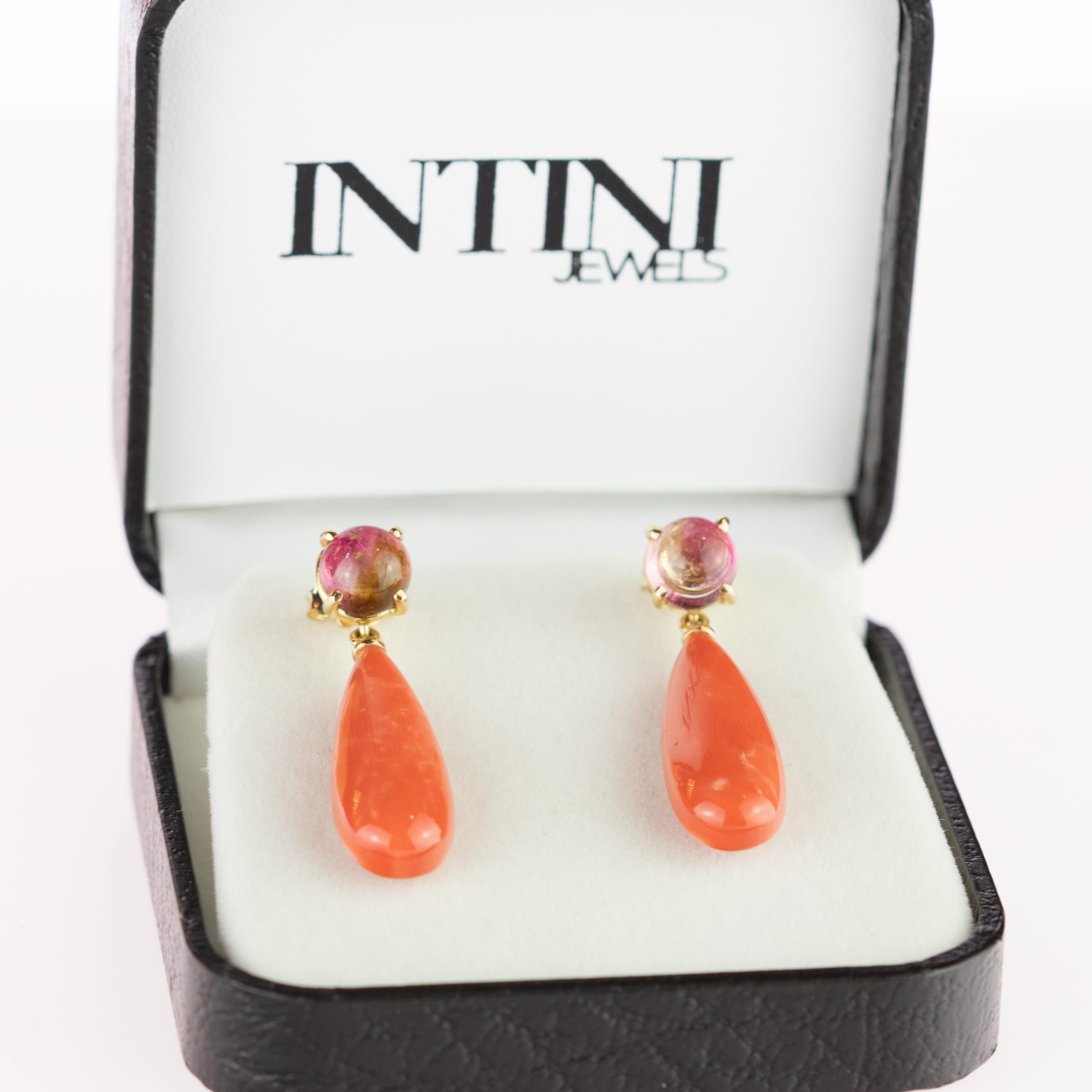 Stunning crafted pink tourmaline round rose earrings holded by delicate 18 karat white gold chain cammeo pink coral that ends in a gold cone and light pink coral  drops. Evoking all the italian tradition resulting in a stunning masterpiece with an