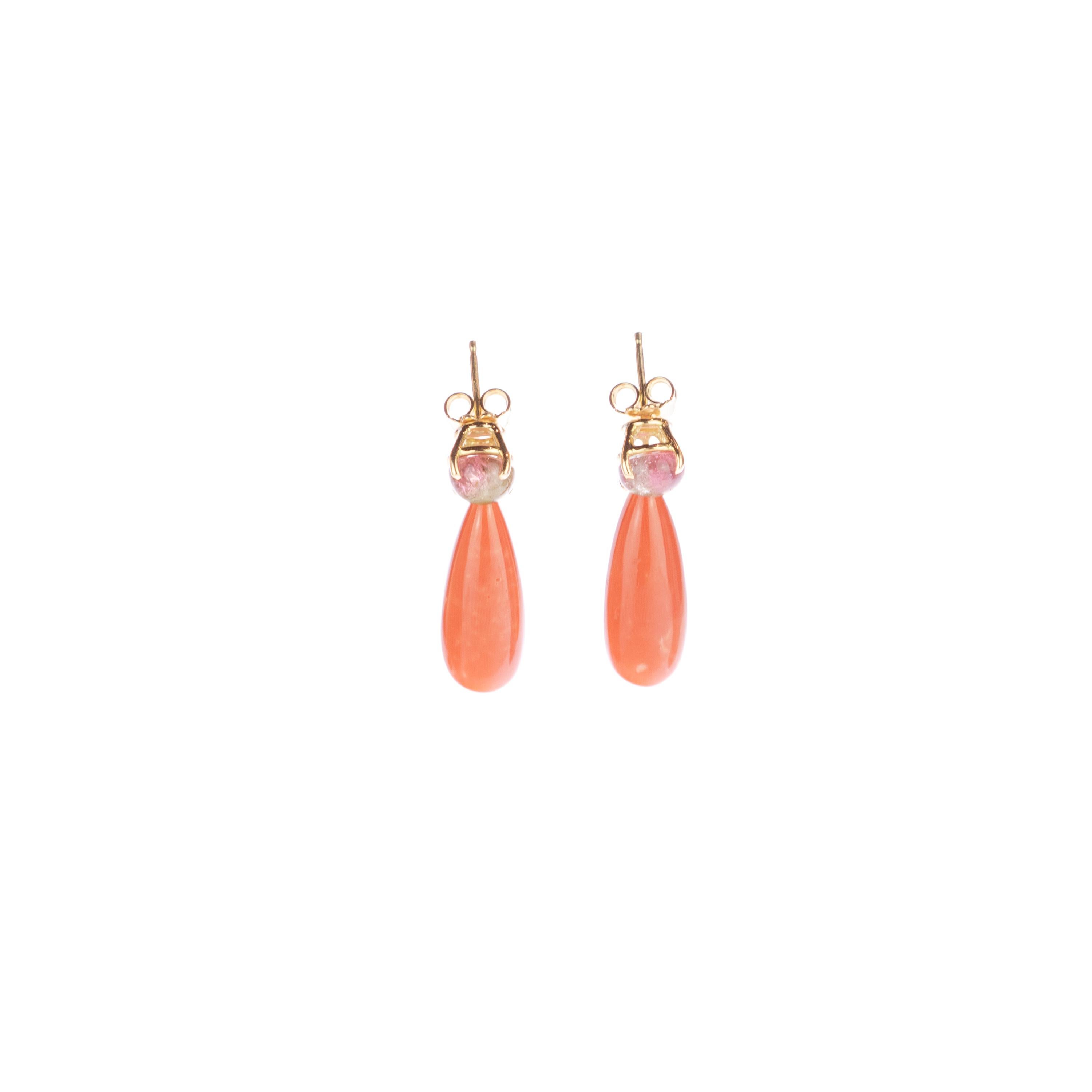Mixed Cut Intini Jewels Italy Pink Coral Tear Tourmaline 18 Karat Gold Chain Drop Earrings For Sale