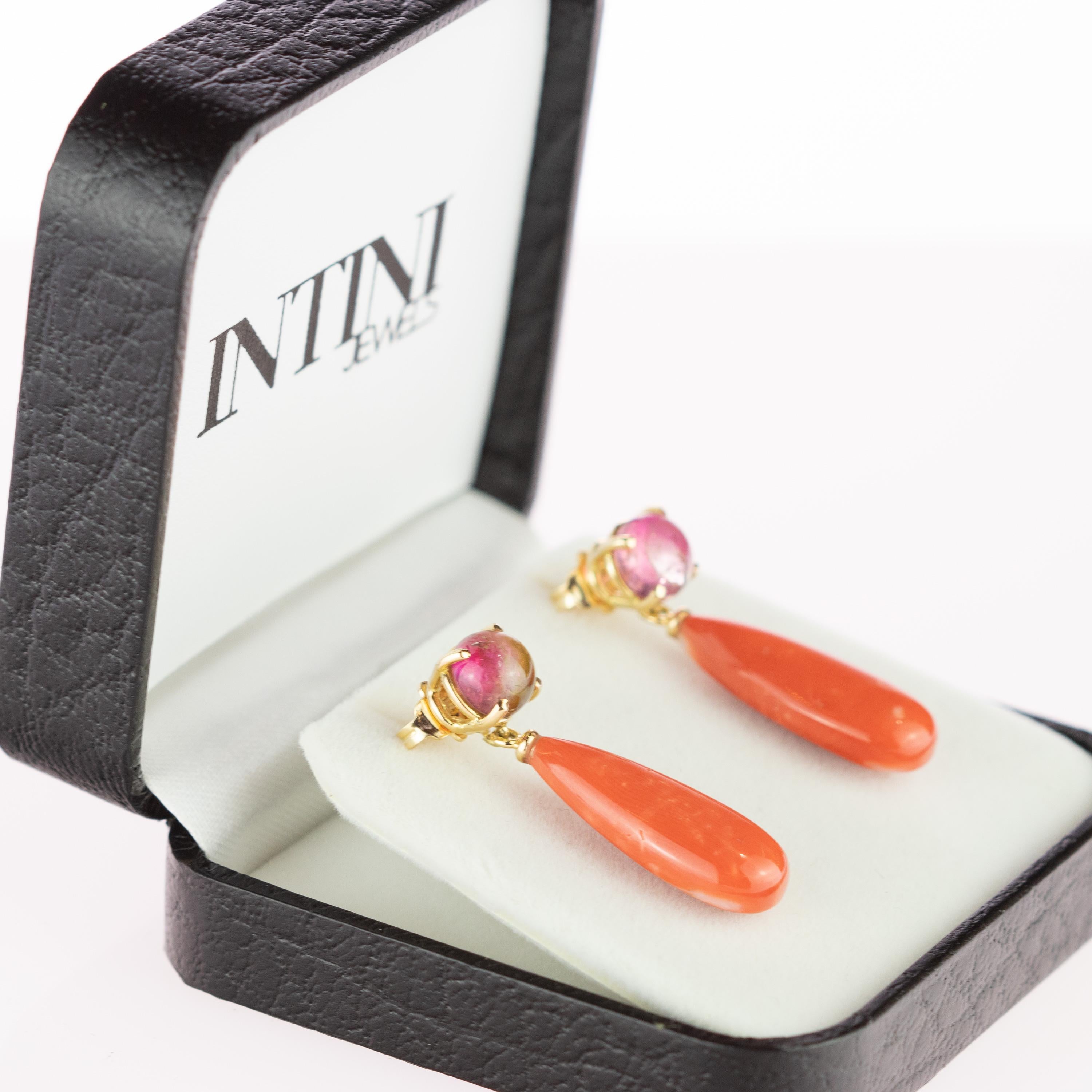Intini Jewels Italy Pink Coral Tear Tourmaline 18 Karat Gold Chain Drop Earrings For Sale 1
