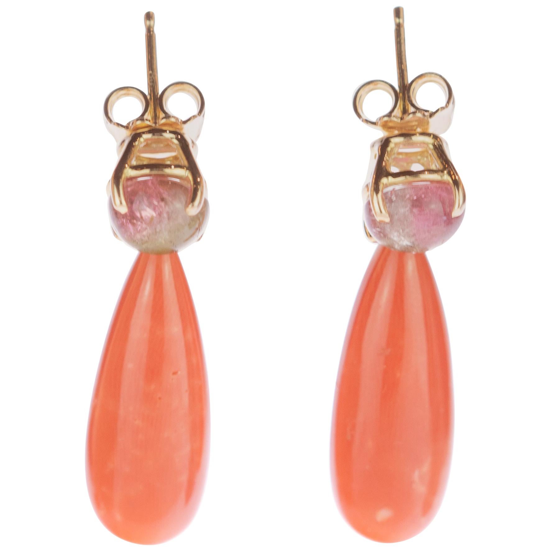 Intini Jewels Italy Pink Coral Tear Tourmaline 18 Karat Gold Chain Drop Earrings For Sale