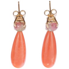 Vintage Intini Jewels Italy Pink Coral Tear Tourmaline 18 Karat Gold Chain Drop Earrings
