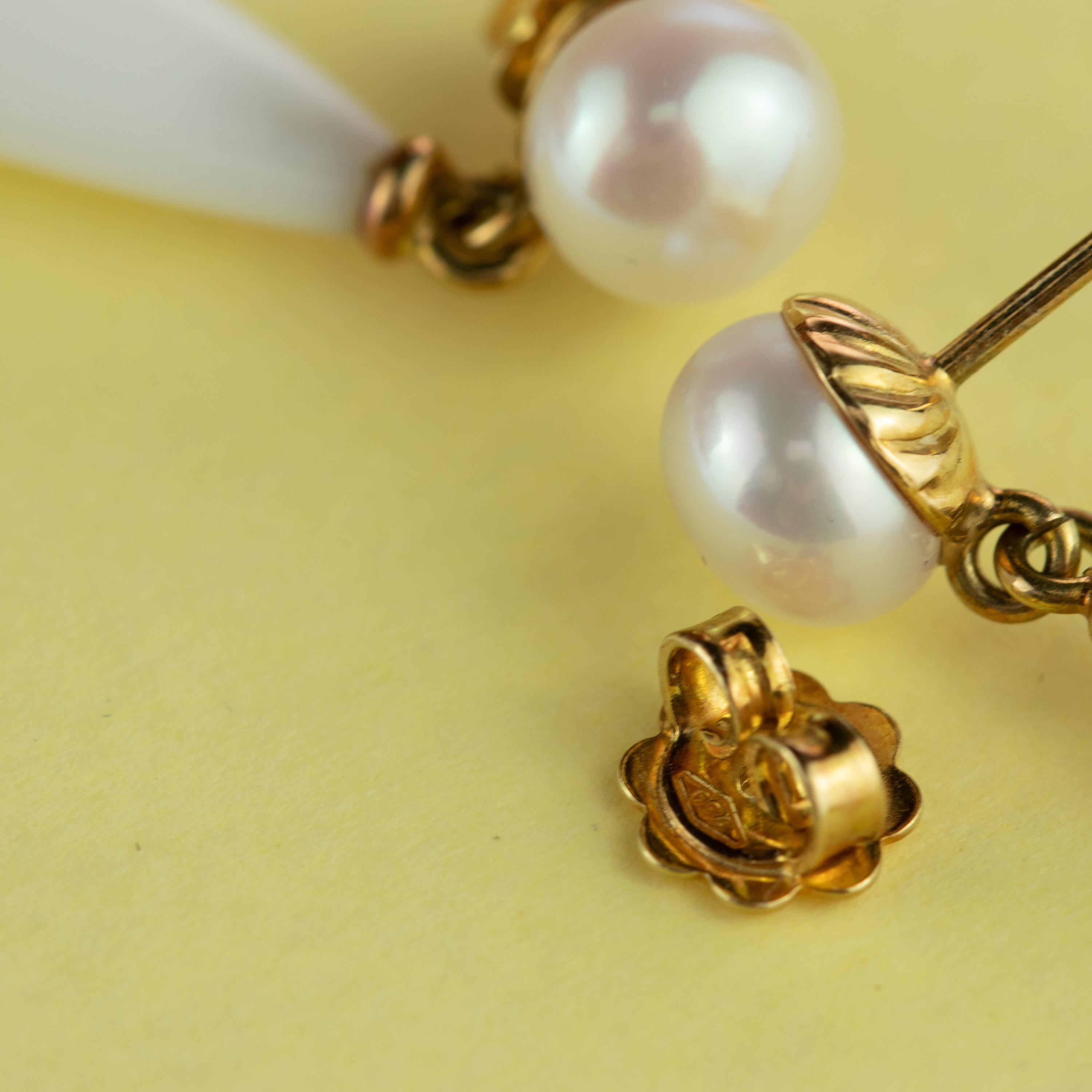 Intini Jewels Italia Orecchini lunghi in oro 18 carati con gocce di agata bianca e perla rotonda in vendita 2