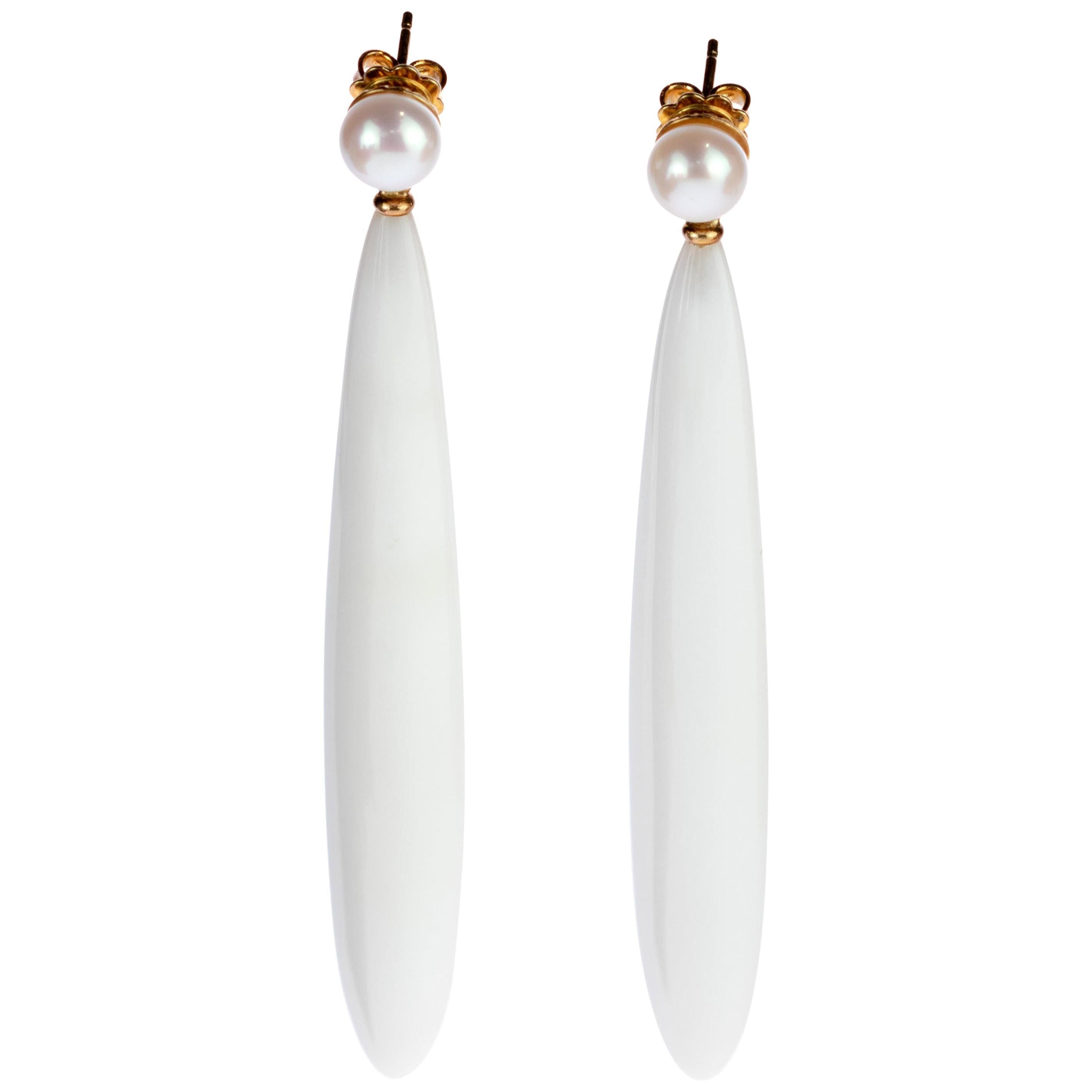 Intini Jewels Italy Round Pearl White Agate Drops 18 Karat Gold Long Earrings For Sale