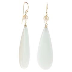 Intini Jewels Italy Round Pearl White Agate Drops 18 Karat Gold Long Earrings