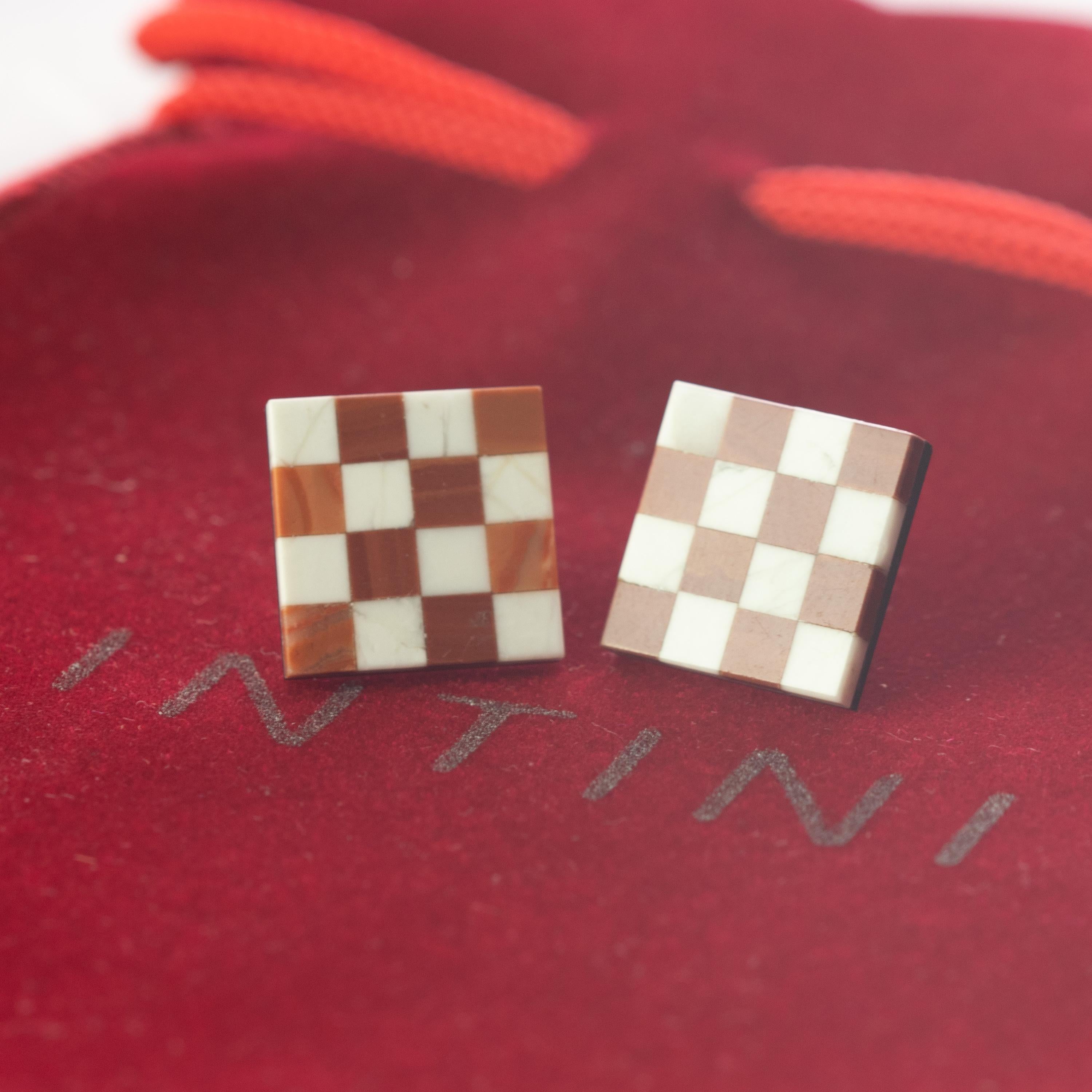 Mixed Cut Intini Jewels Jasper 9 Karat Gold Stud Square Chess Board Modern Chic Earrings For Sale