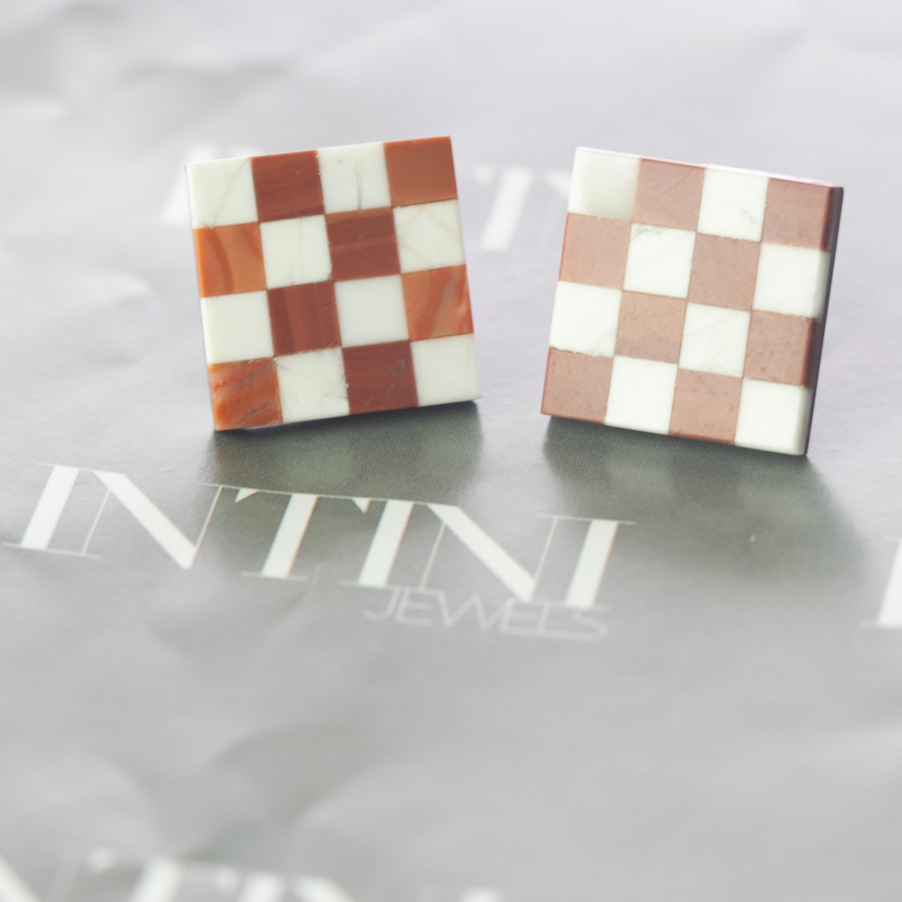 Astonishing and gorgeous jasper stud earrings. Carved and colored in white and brown squares which evokes a traditional chess board the italian handmade jewelry work.

Jasper is a stress relieving stone; relaxing, soothing and calming to the