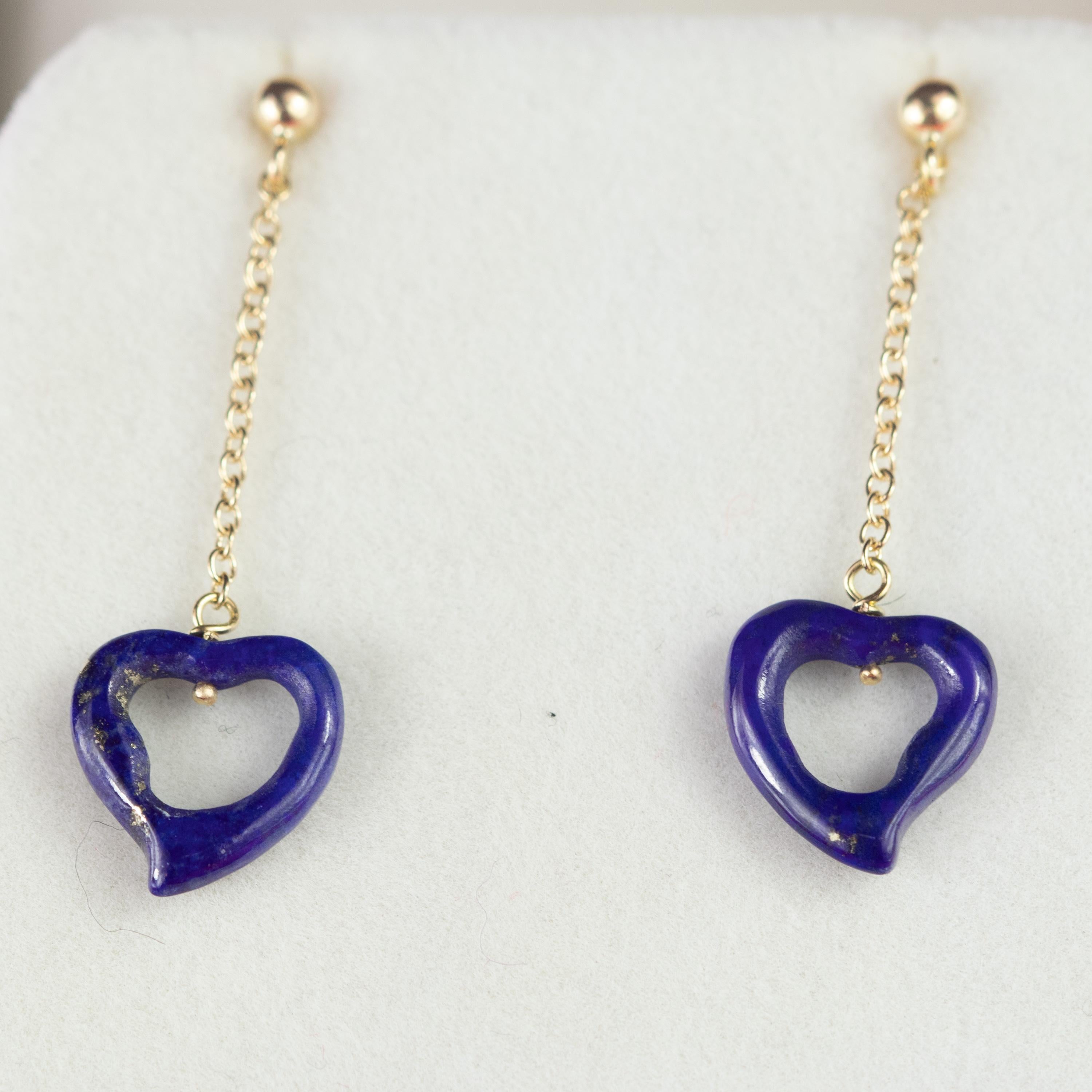 Intini Jewels Lapis Lazuli Heart Yellow Gold Drop Valentine's Day Love Earrings For Sale 2