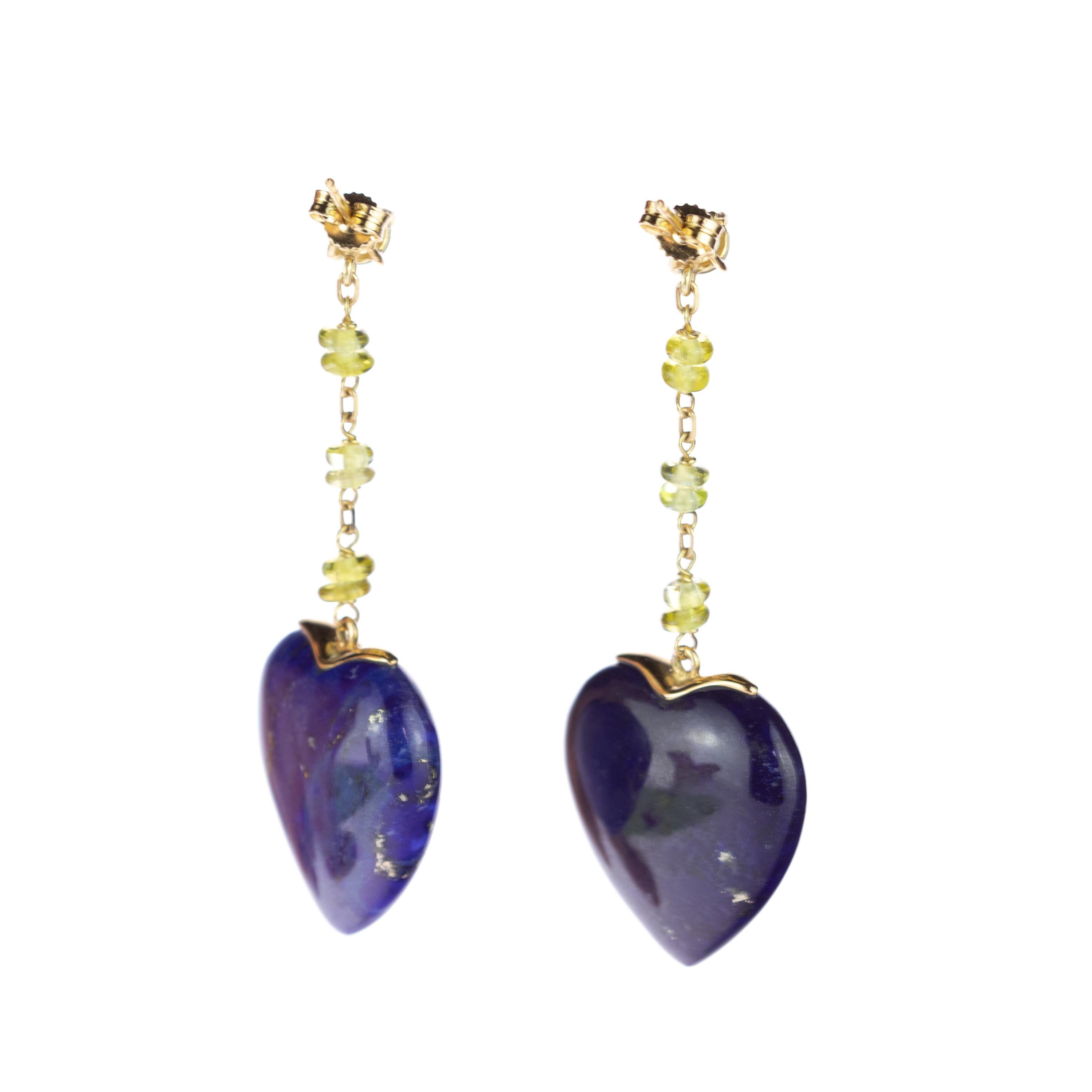 Intini Jewels Lapis Lazuli Peridot Heart 18 Karat Yellow Gold Drop Love Earrings 4