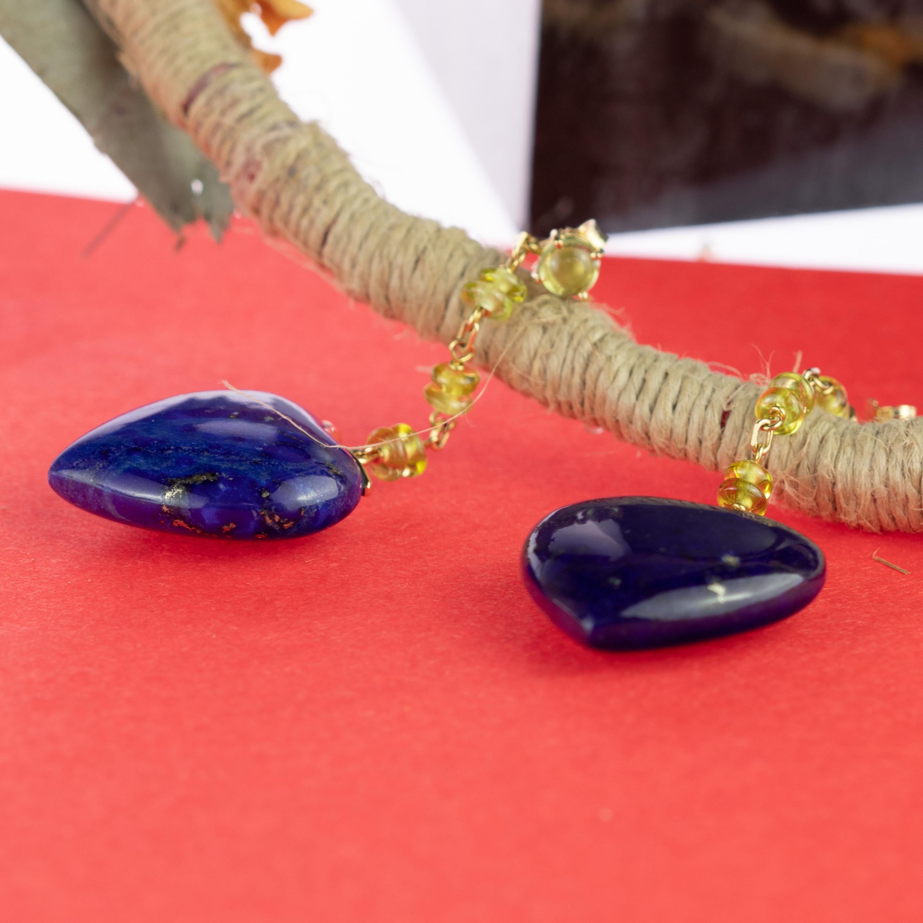Heart Cut Intini Jewels Lapis Lazuli Peridot Heart 18 Karat Yellow Gold Drop Love Earrings