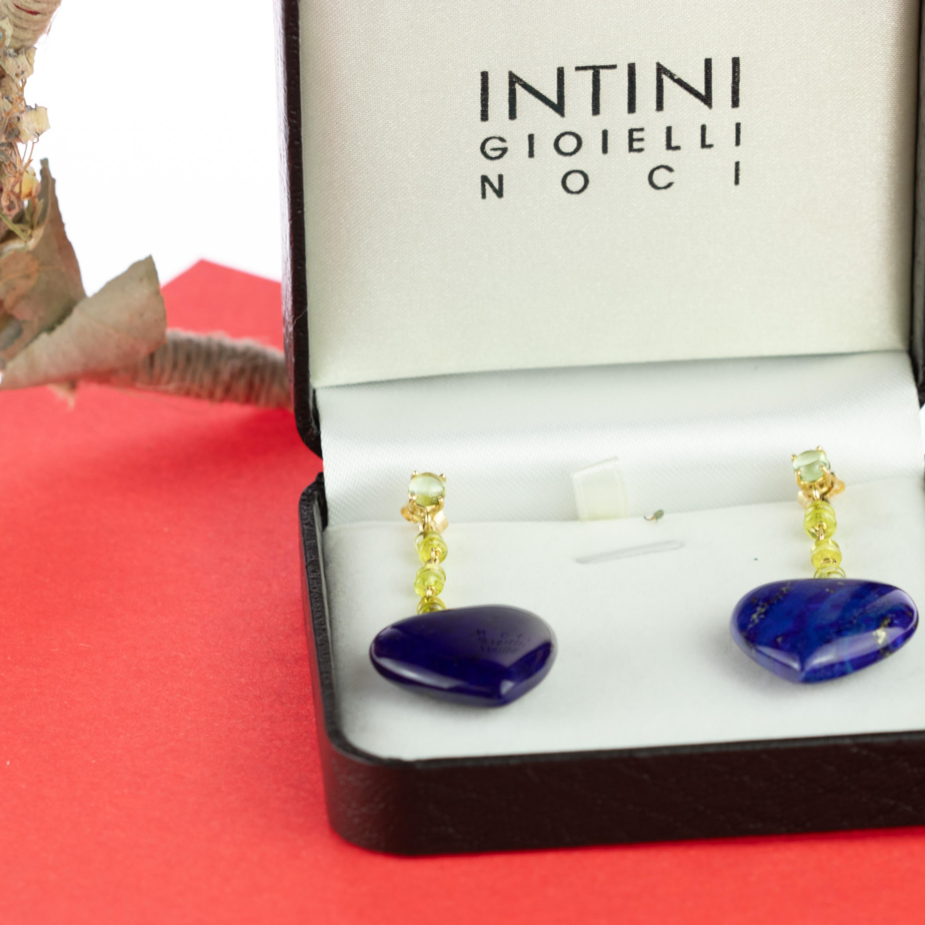 Intini Jewels Lapis Lazuli Peridot Heart 18 Karat Yellow Gold Drop Love Earrings In New Condition In Milano, IT