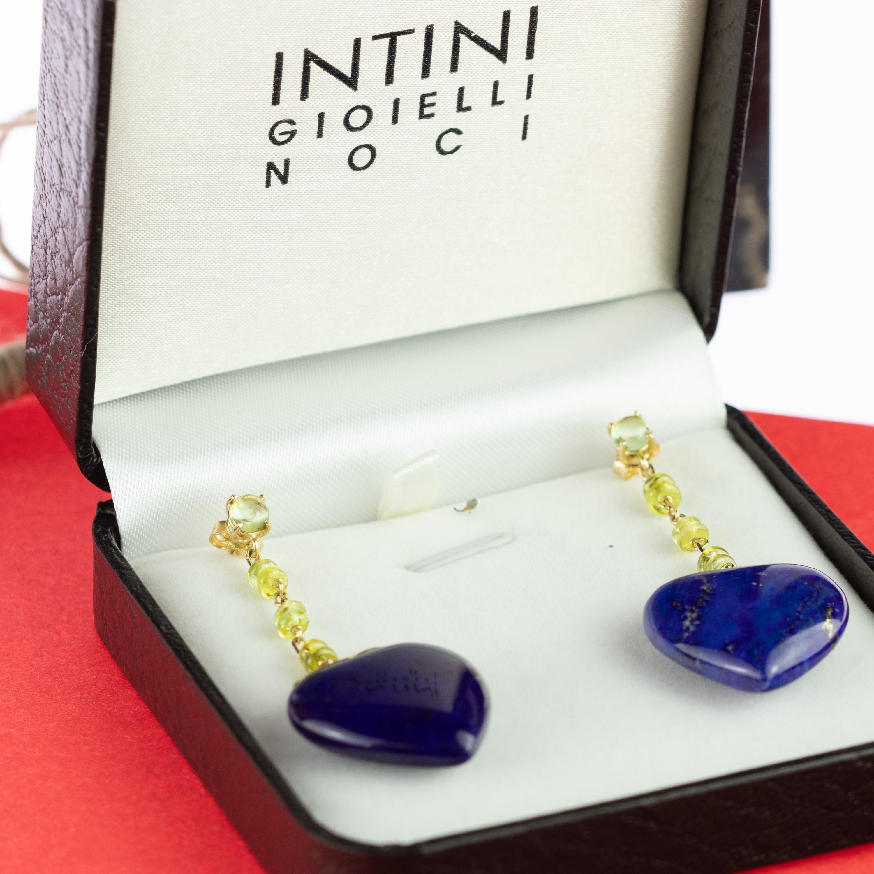 Women's Intini Jewels Lapis Lazuli Peridot Heart 18 Karat Yellow Gold Drop Love Earrings